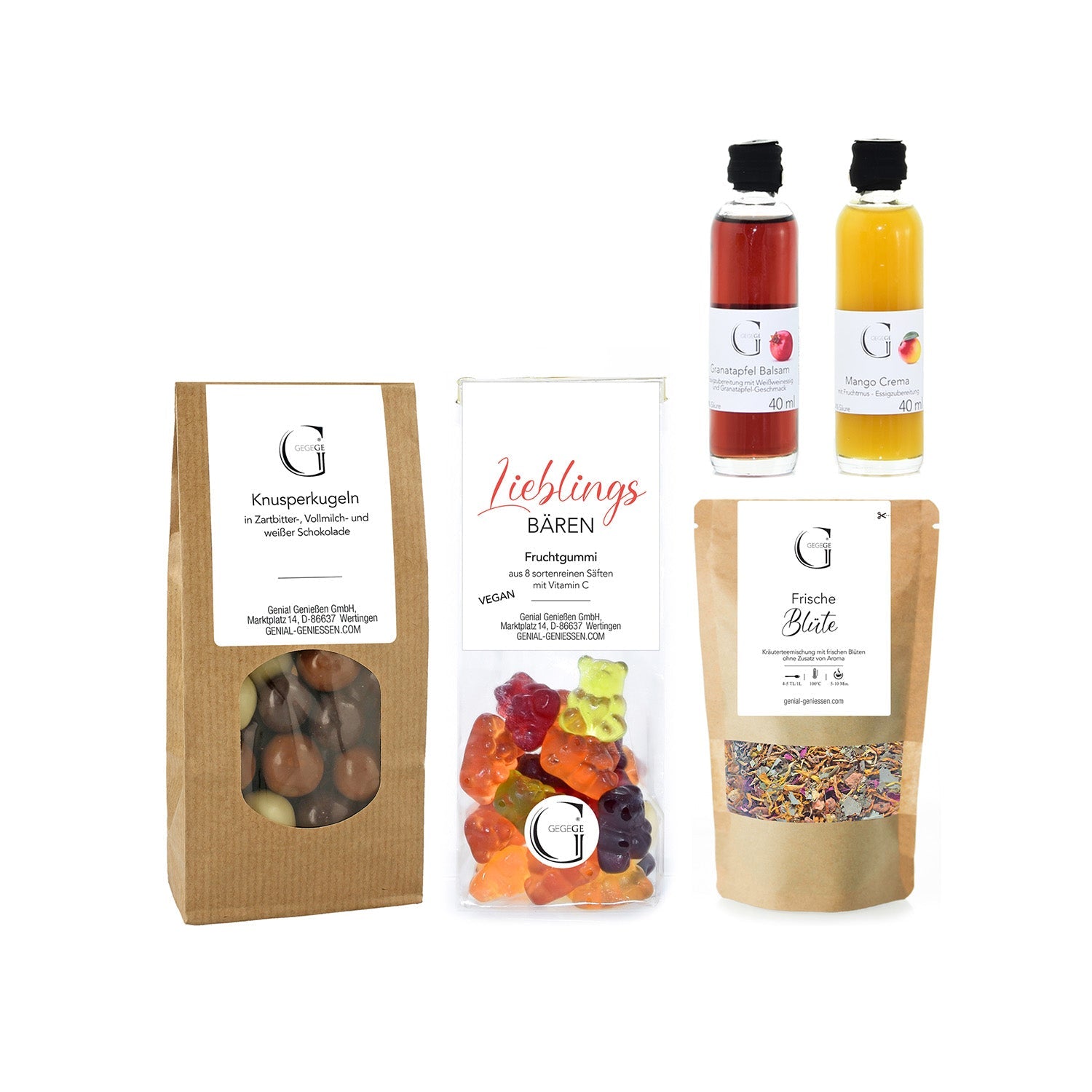 Das Hobby-Set – Fahrradspaß bietet eine köstliche Mischung aus Schoko-Knusperkugeln, Lieblings Bären Gummibärchen, Frische Blüte Kräutertee und zwei geschmacksintensiven Flaschen Mango Crema und Granatapfel Balsam.