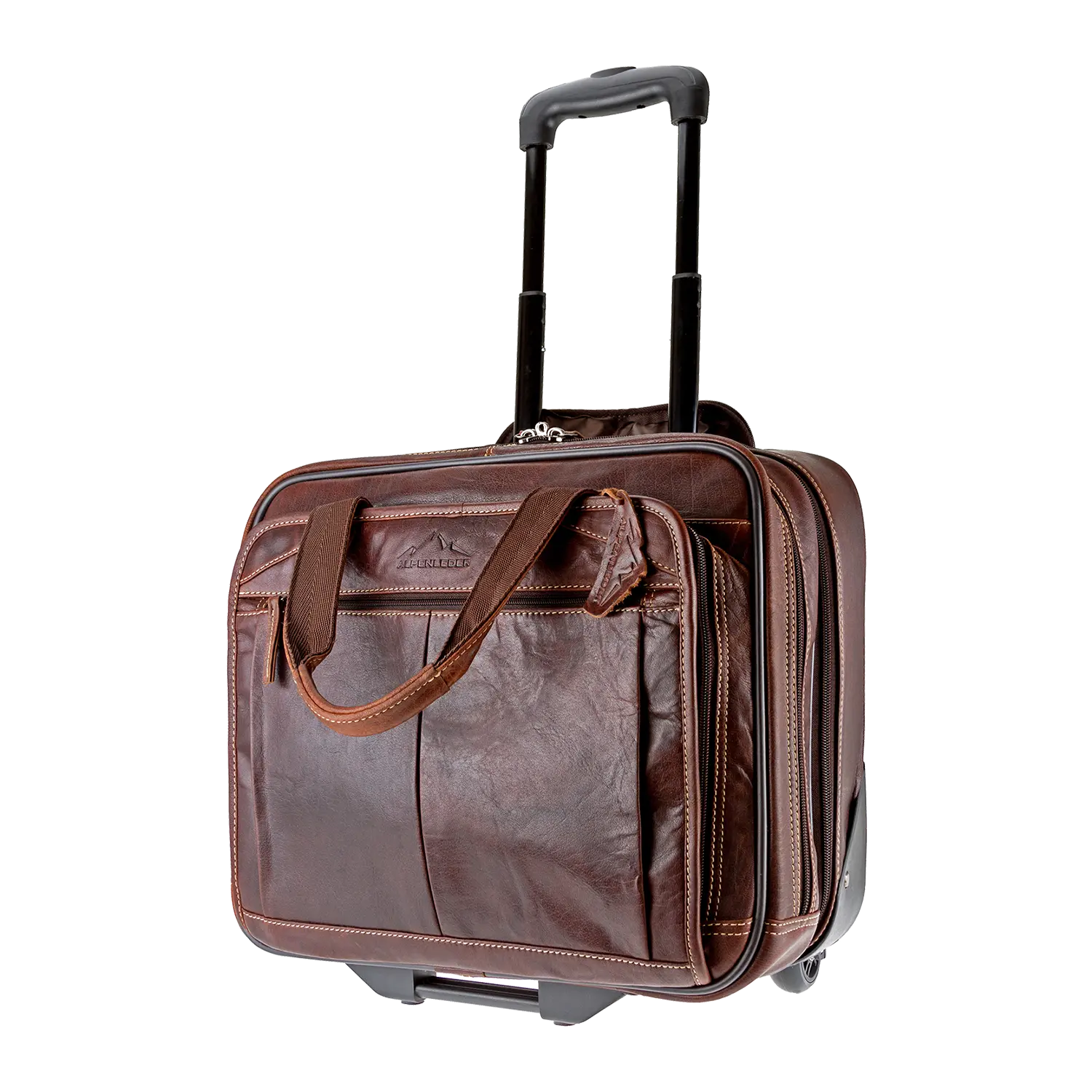 Der stilvolle Akten Trolley DENVER aus braunem Leder verfügt über einen ausziehbaren Griff und mehrere Reißverschlussfächer. Mit Fronttaschen und robusten Ledergriffen vereint er Eleganz mit Funktionalität und ist somit ideal für alle, die viel unterwegs sind.