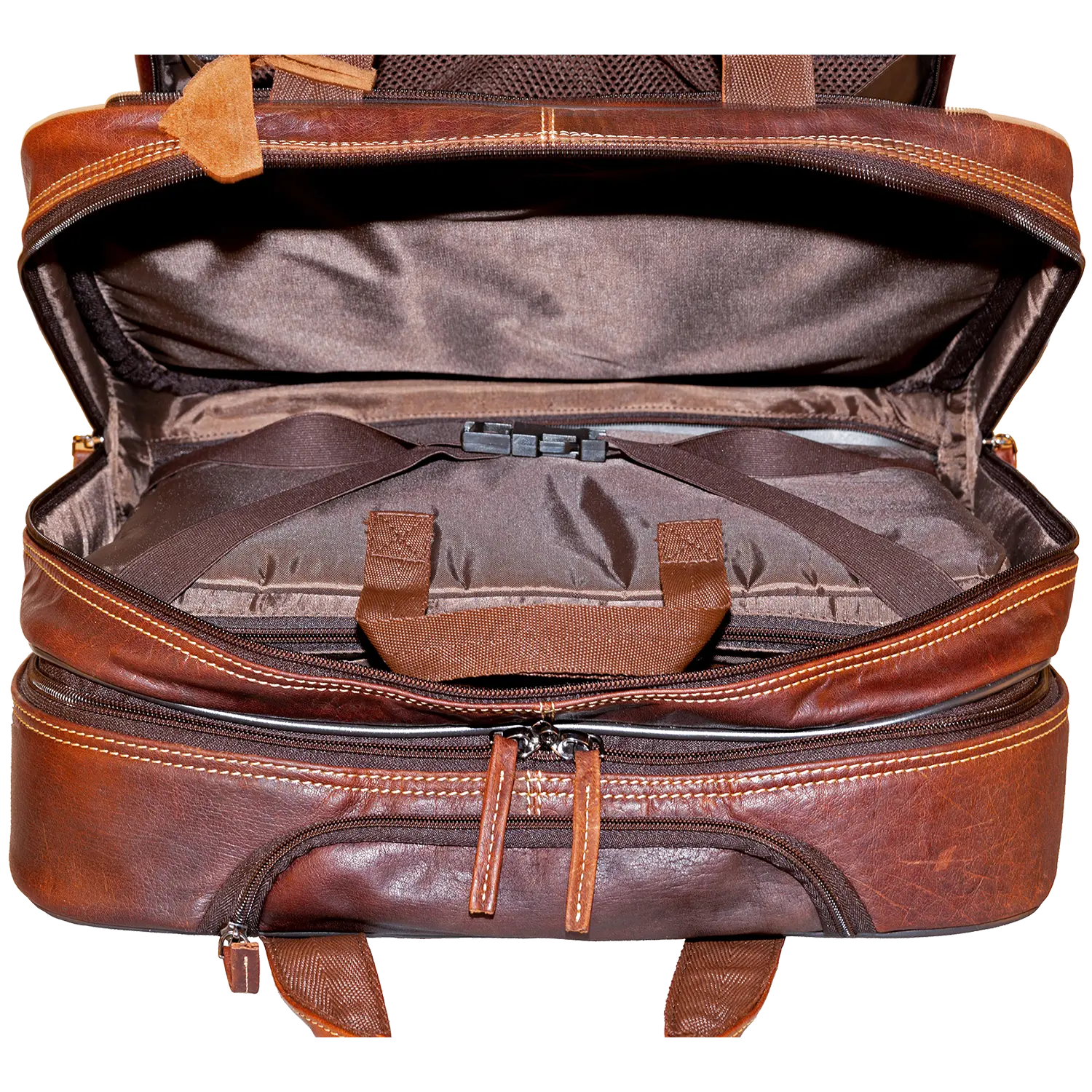 Der Akten Trolley DENVER aus braunem Leder besticht durch sein geräumiges Innenleben mit gepolstertem Laptopfach. Verstellbare Riemen und teilweise geöffnete Reißverschlüsse betonen die natürliche Lederstruktur und die Nahtdetails und verbinden Stil mit Funktionalität.