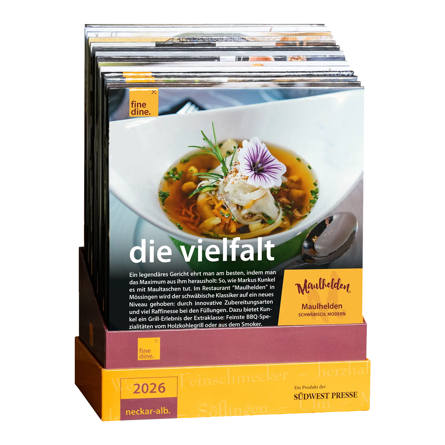 Kochbücher auf einem Ständer in der Fine Dine Box Neckar-Alb 2026.