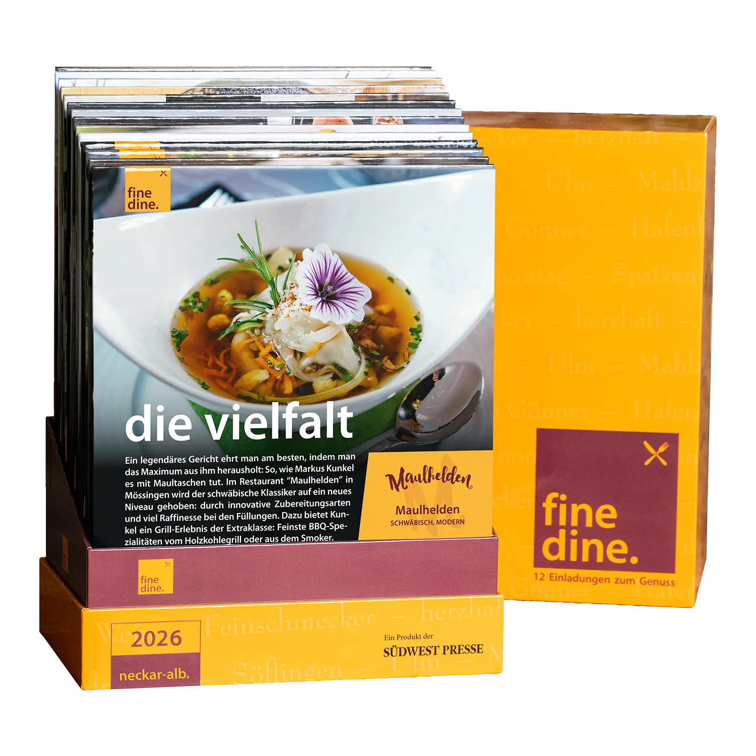 Fine Dine Box Neckar-Alb 2026 Rezeptkarten in einem gelben Halter.