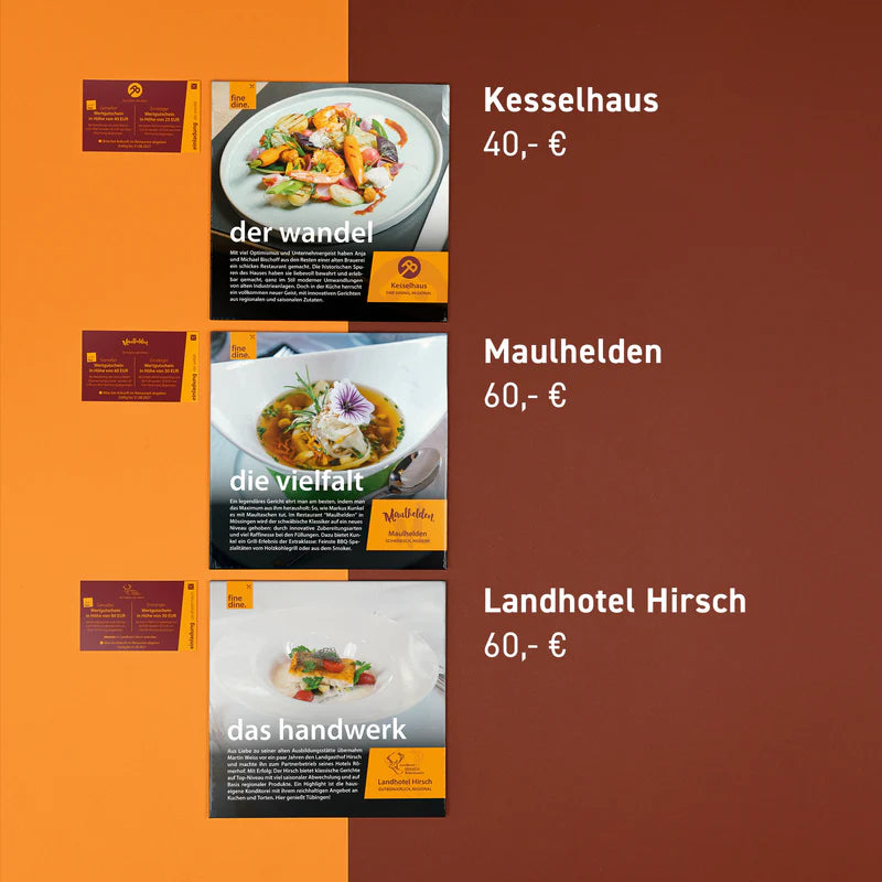 Drei Fine Dine Box Neckar-Alb 2026 Gerichte mit Angabe von Restaurants und Preisen.