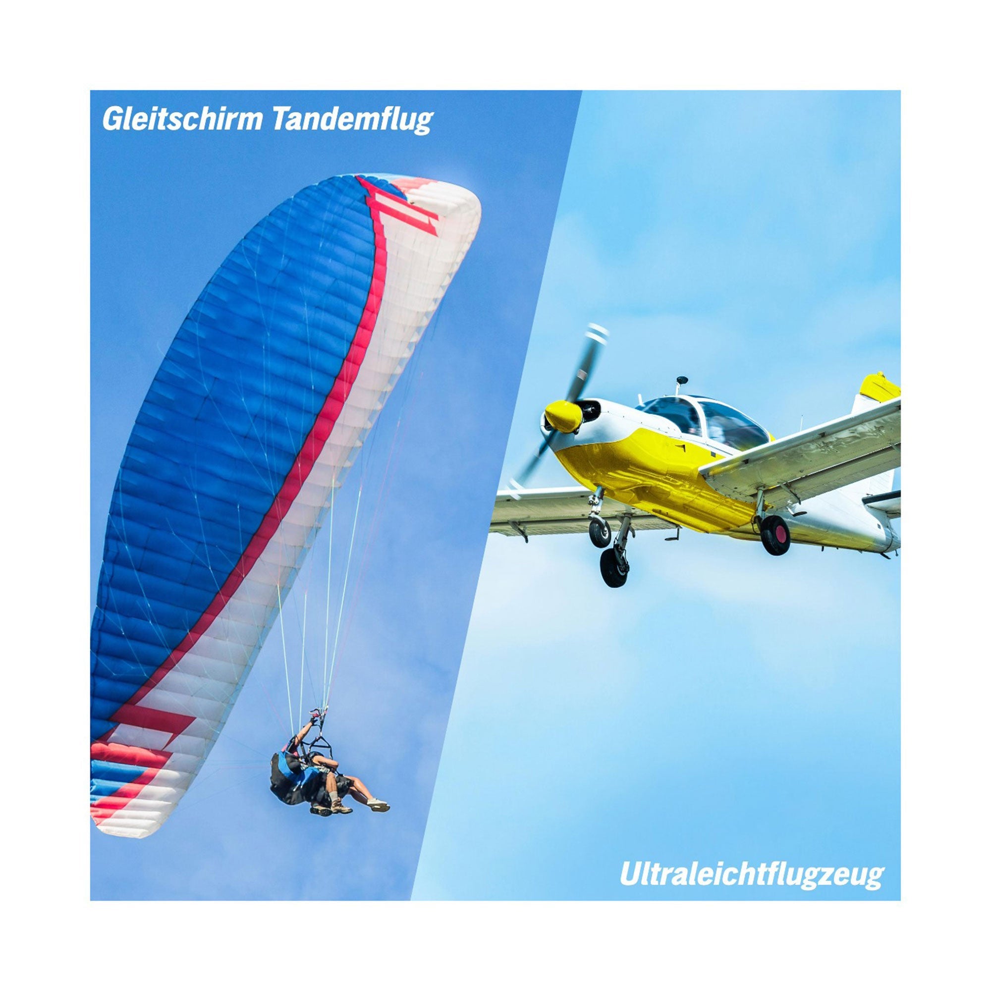 Geteiltes Bild: Links schwebt ein Tandem-Gleitschirm, rechts kreist ein gelb-weißes Ultraleichtflugzeug. Der deutsche Text lautet „Gleitschirm Tandemflug“ und „Ultraleichtflugzeug“. Das perfekte Geschenk für alle, die Nervenkitzel suchen – in der Geschenkbox Fliegen & Fallen.