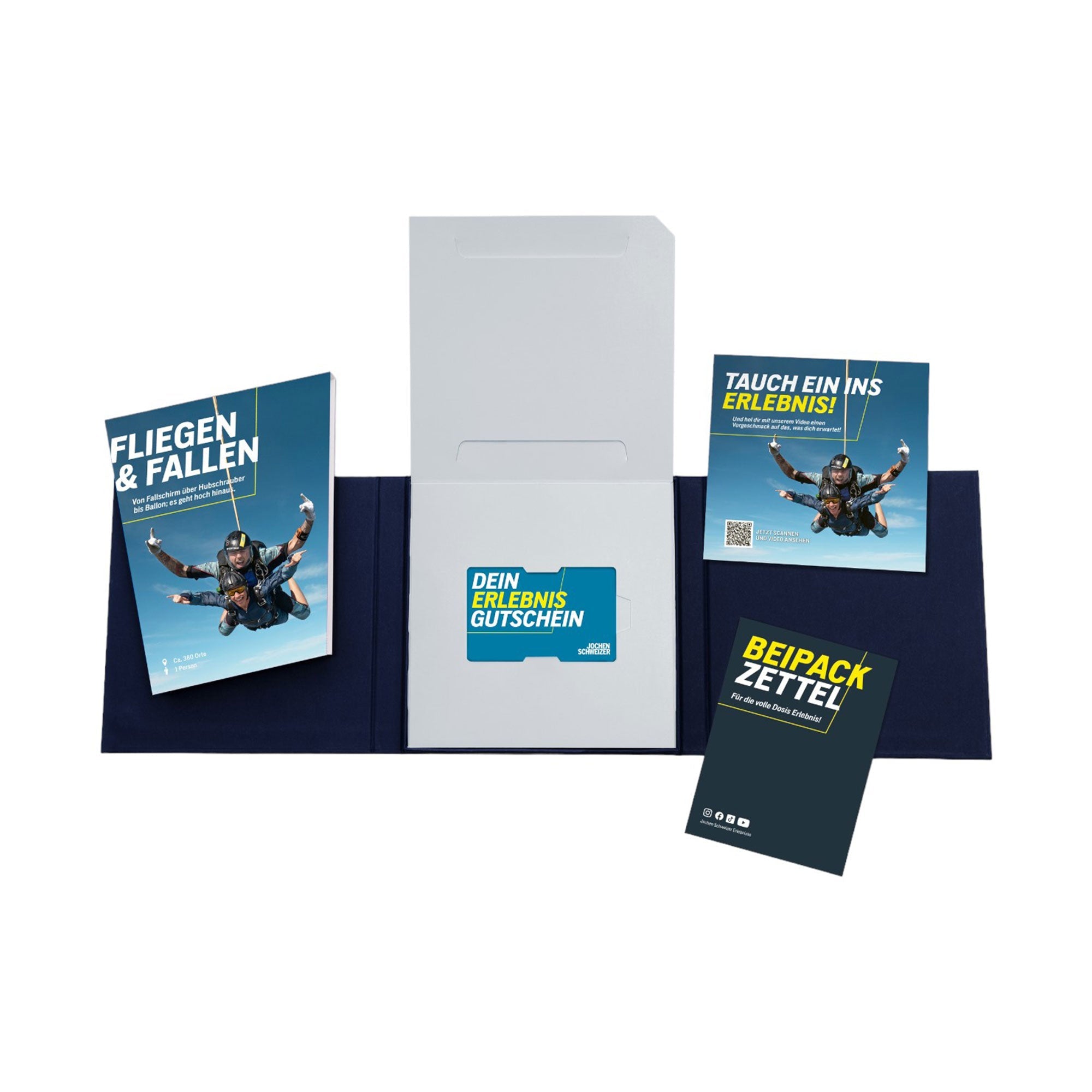 Die Geschenkbox „Fliegen & Fallen“ ist eine Fallschirmsprung-Faltblatt-Sammlung mit Werbeartikeln, Fallschirmspringer-Motiven und deutschem Text. Im Inneren finden Sie Broschüren, einen Gutschein und spannende Erlebnistipps, die die Begeisterung für das Gleiten durch die Lüfte wecken.