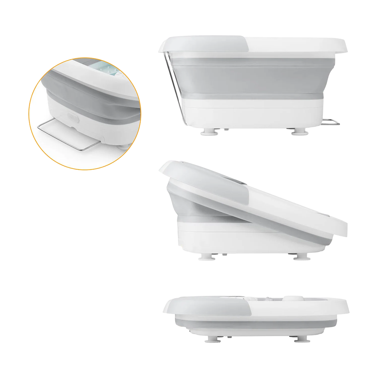 Faltbares Fußsprudelbad in grau-weiß, aufrecht, geneigt und gefaltet gezeigt.