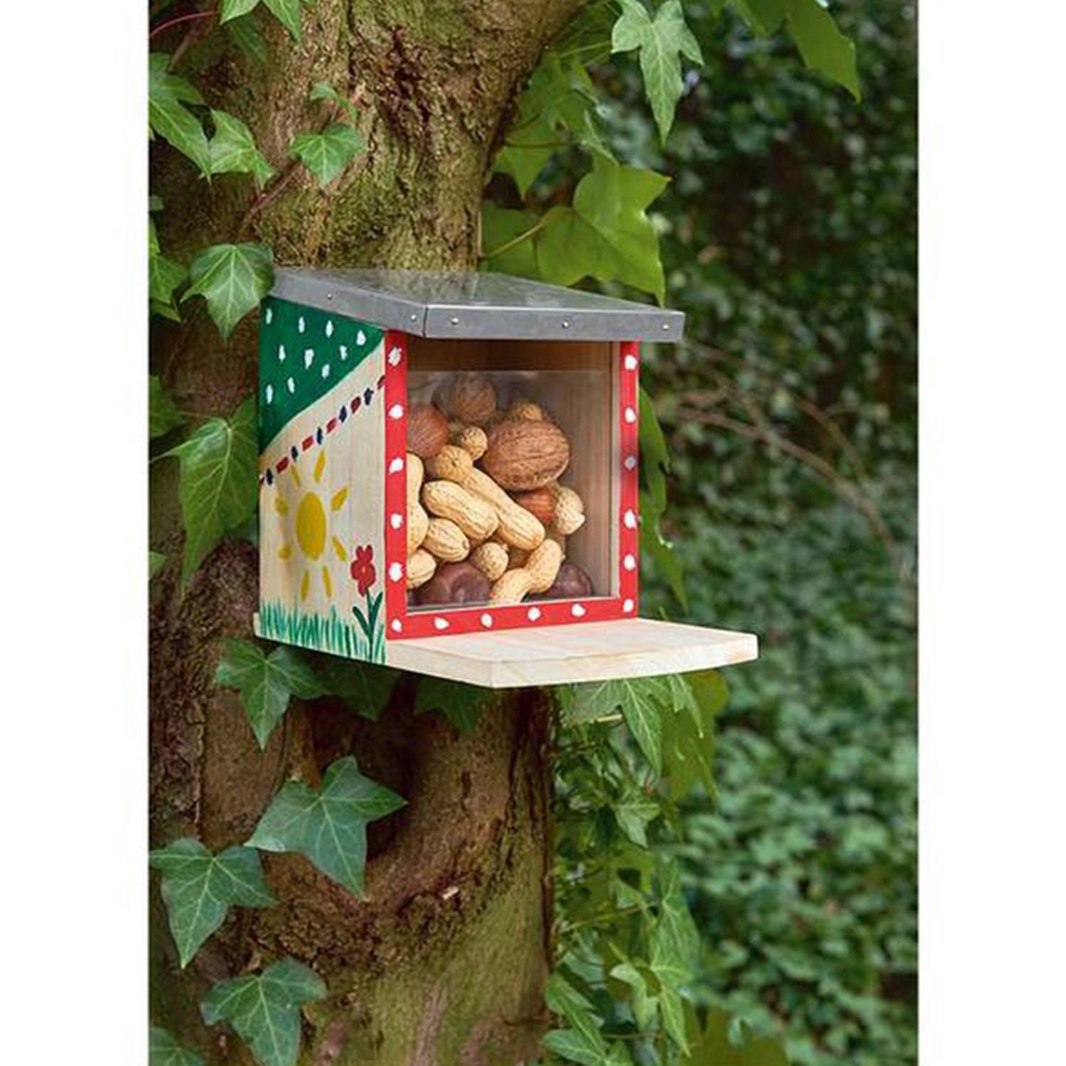 Ein bemaltes Eichhörnchen Futterhaus mit Nüssen gefüllt.