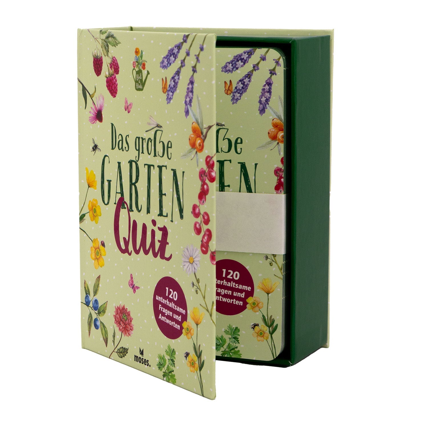 Das Gartenquiz mit Lösungen wird in einer Geschenkschachtel mit Spotlack geliefert.