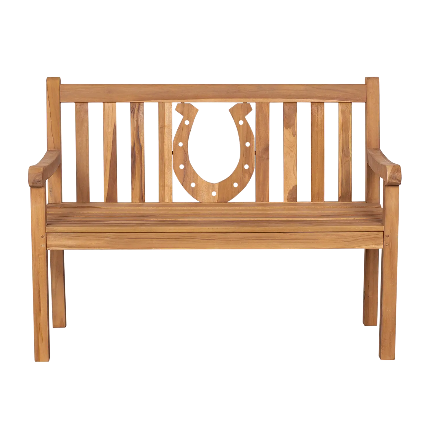 Die Teak-Gartenbank Hufeisen verfügt über eine Lattenrost-Rückenlehne und Sitzfläche mit einem bezaubernden Hufeisen-Motiv-Ausschnitt und bietet eine schlichte, rustikale Outdoor-Sitzgelegenheit für jeden Garten.