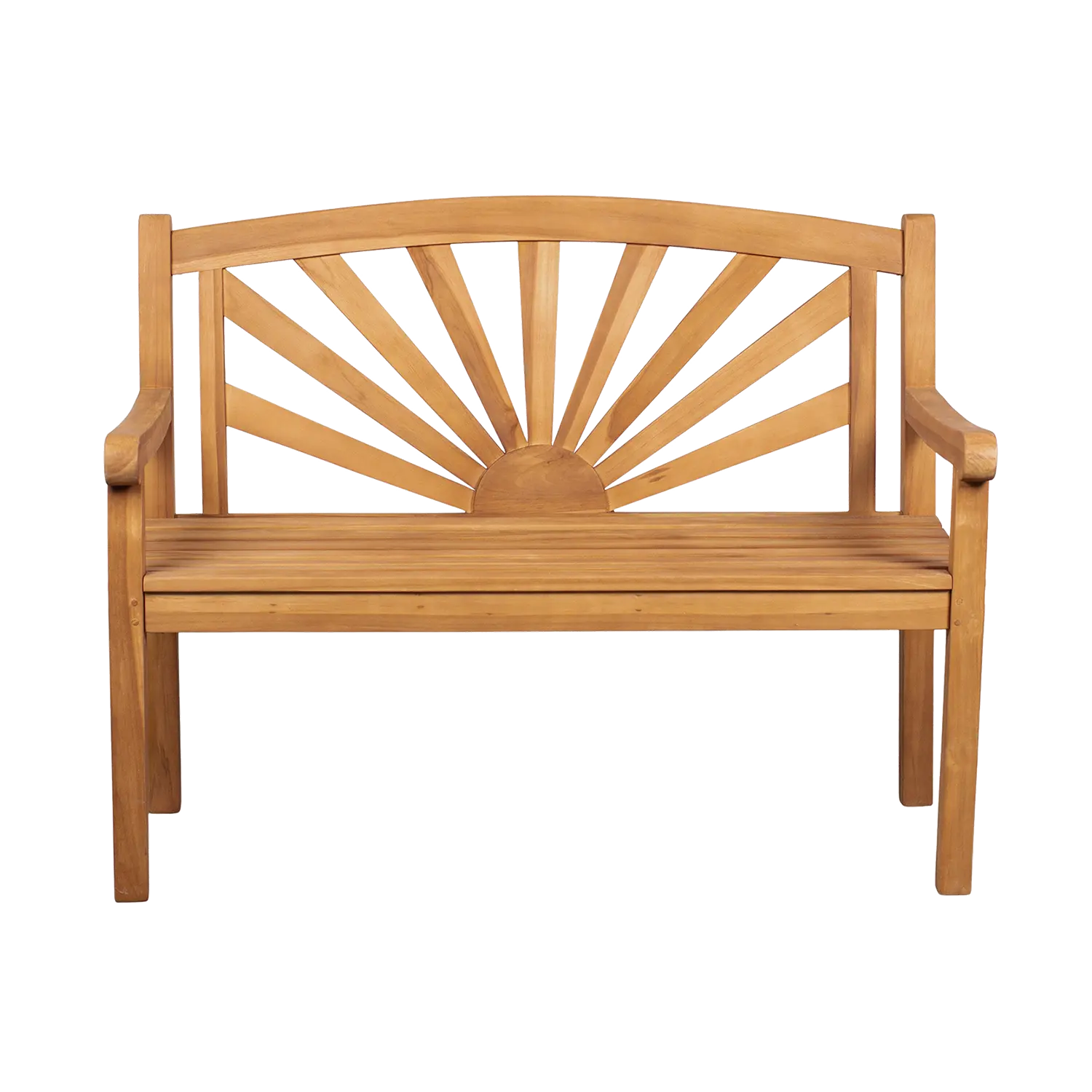 Die Teak-Gartenbank Sonne ist eine Gartenbank aus Holz mit einem Sonnenschliff-Design auf der Rückenlehne, geschwungenen Armlehnen und einer glatten, natürlichen Oberfläche. Sie ist aus zertifiziertem, massivem Plantagenholz gefertigt.