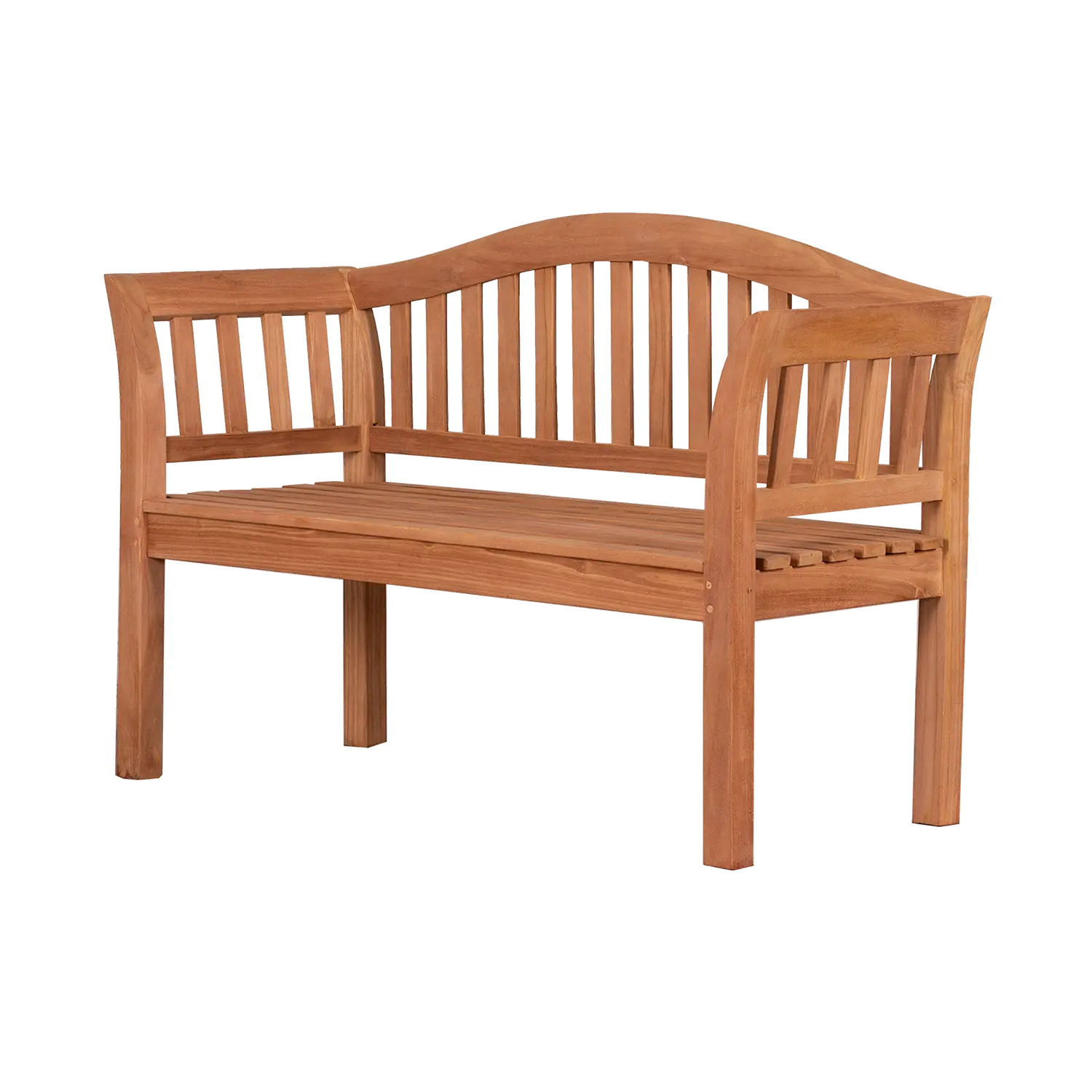 Die Teak-Gartenbank Wave bietet eine stilvolle Sitzgelegenheit mit gewölbter Rückenlehne und Lattendesign, mit parallelen Latten auf der Sitzfläche und wiederaufgenommenen charmanten Mustern auf den Armlehnen und der Rückenlehne, alles poliert für Ihren Außenbereich.