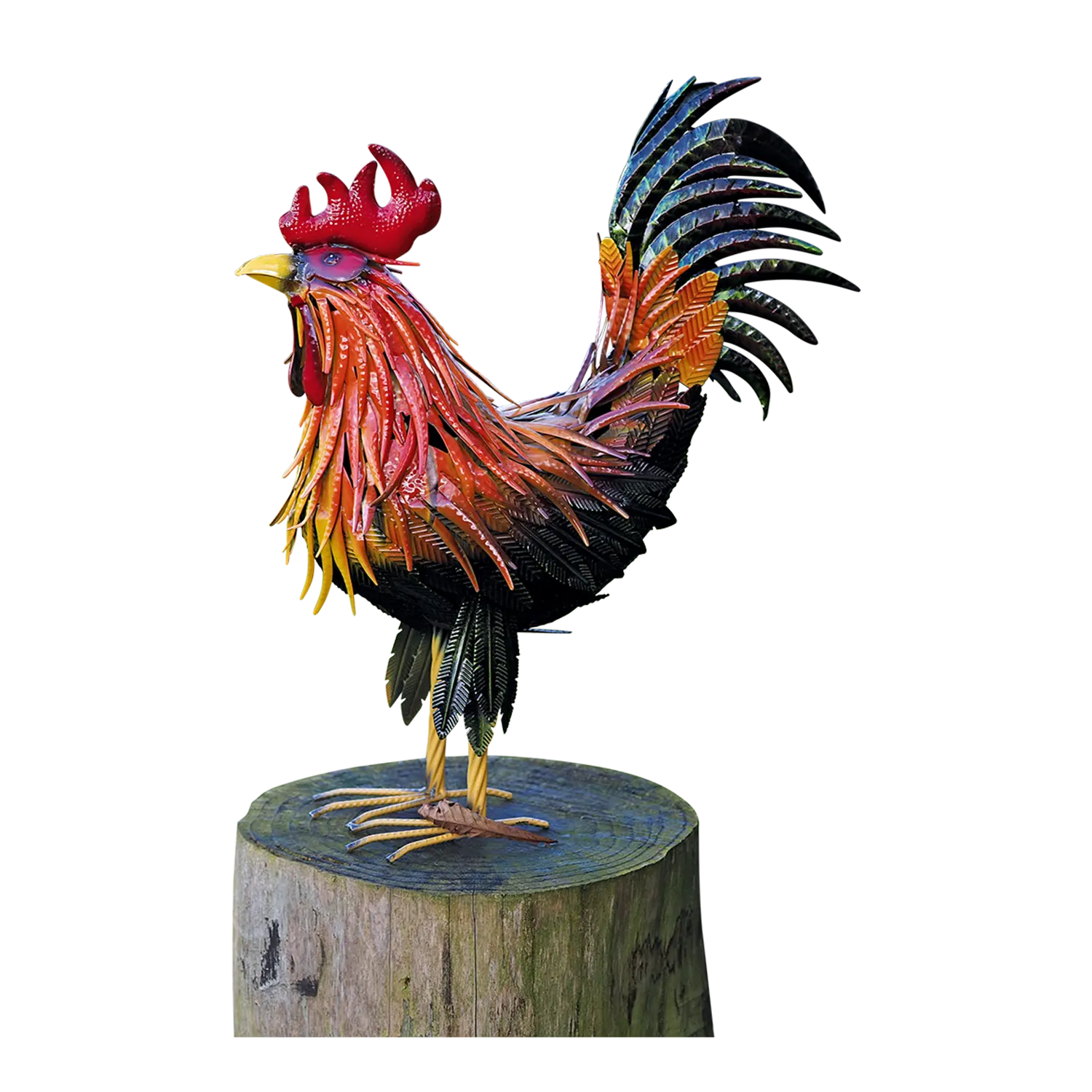 Bunte Gartenfigur Hahn "Fridolin" aus wetterfestem Metall auf Baumstumpf.