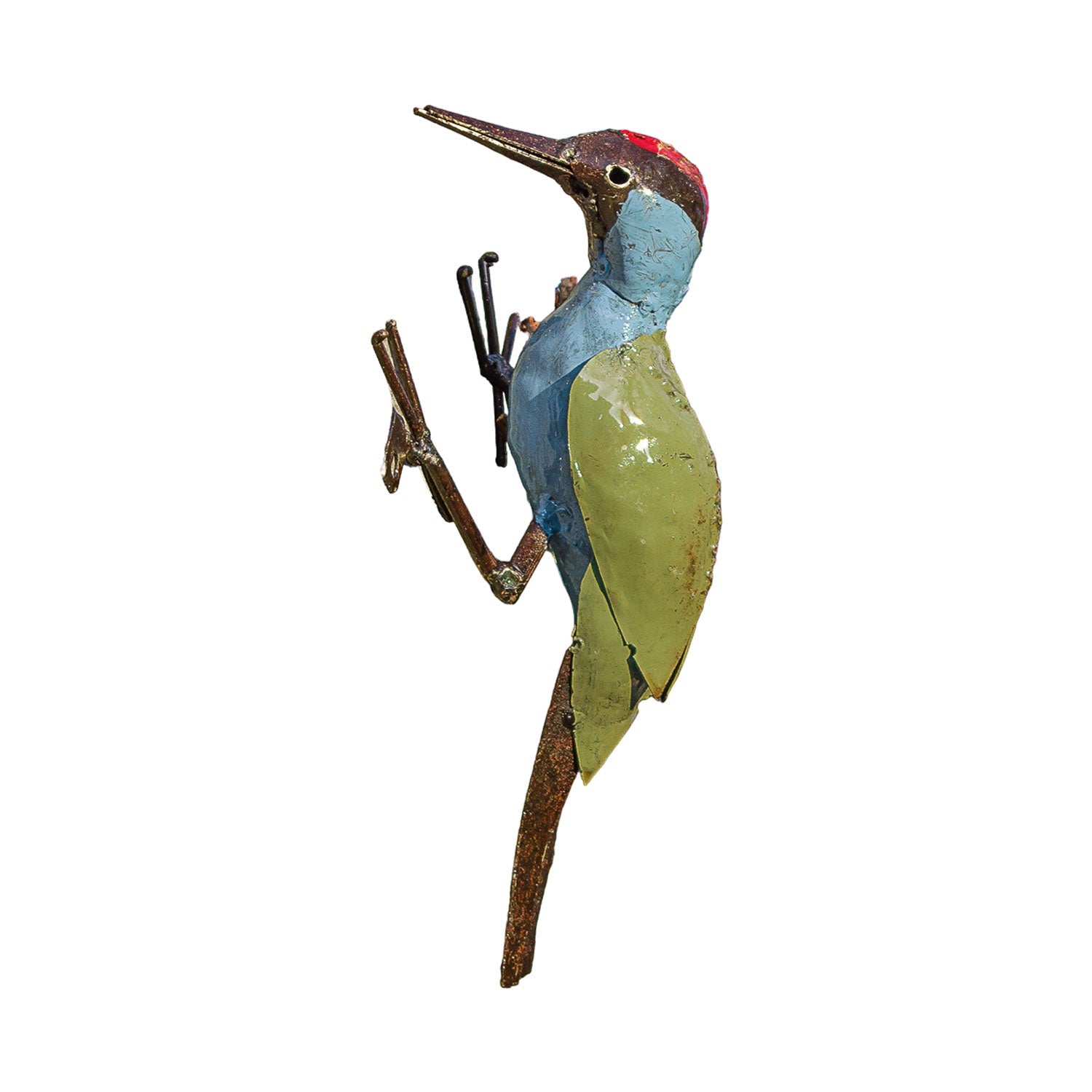 Die Gartenfigur „Specht“ ist eine lebendige Vogelskulptur aus Metall mit langem Schnabel und detailreichen Krallen. Von einem erfahrenen Metallkünstler in Blau, Grün und Rot bemalt, besticht sie durch ihr markantes Profil und ist somit ein beeindruckendes Gartenkunstwerk.