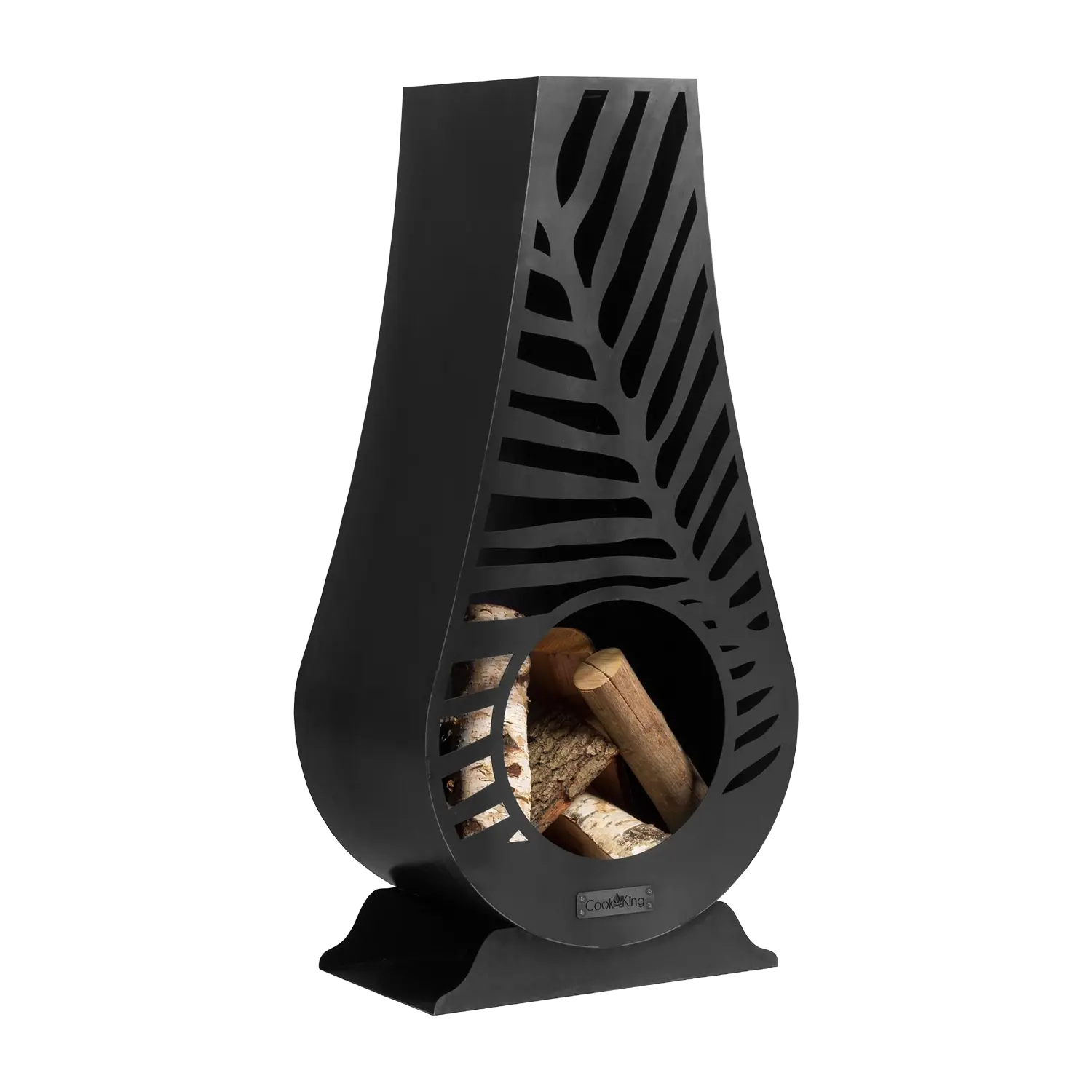 Gartenofen zum Kochen Utah aus schwarzem Stahl mit Blattdesign.