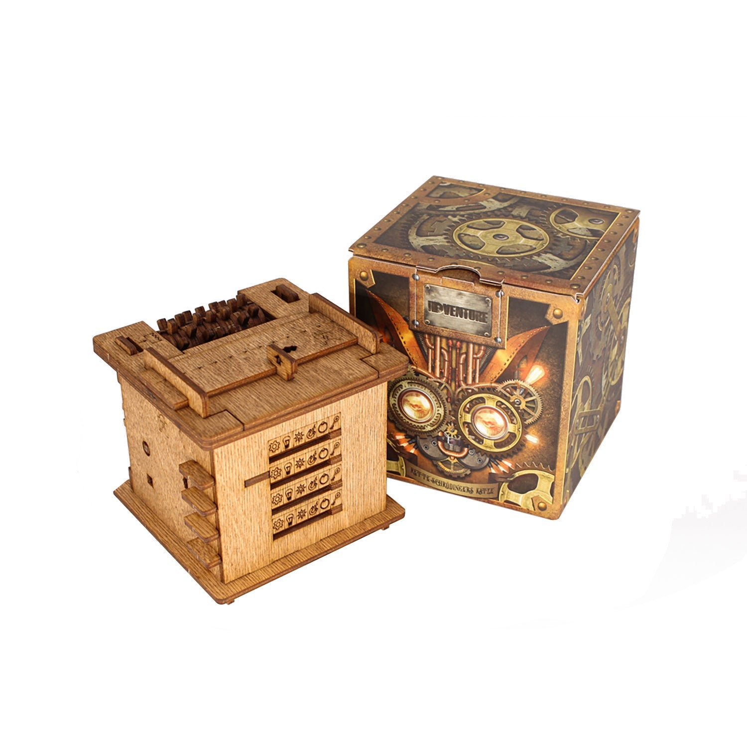 Geheimbox Schrödingers Katze aus Holz mit Zahlenschloss und Steampunk-Verpackung