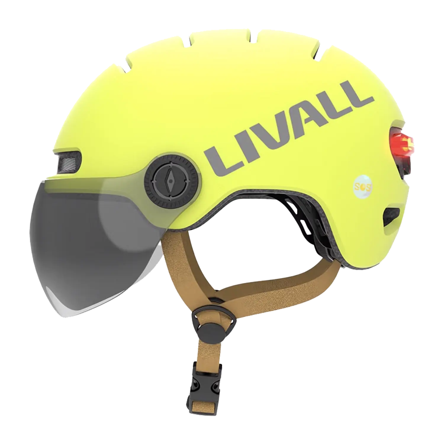 Gelber Fahrradhelm mit Visier, Bremslicht und SOS-Alarm, Seitenansicht.