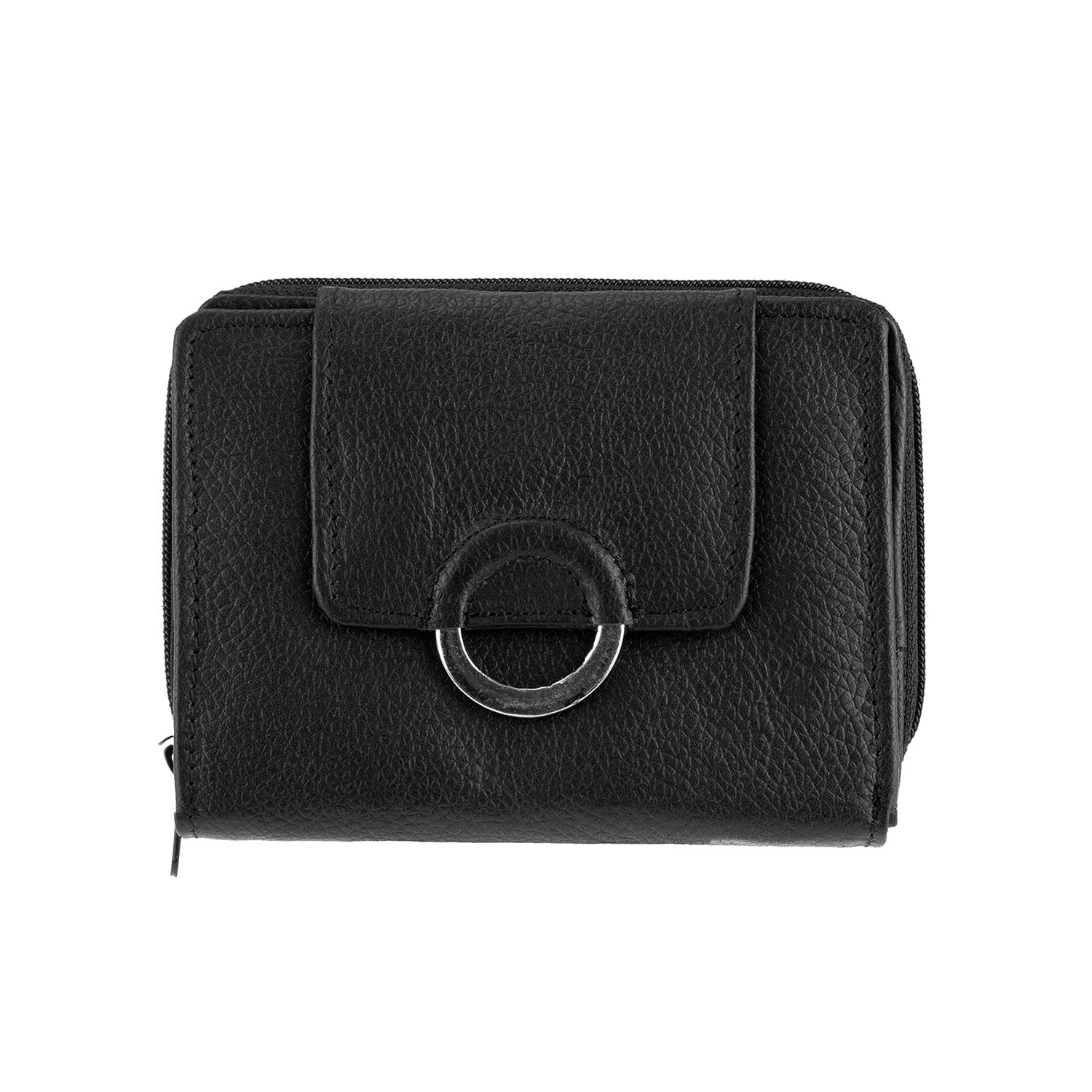 Der Geldbeutel ABTWIL ist eine schwarze Lederbrieftasche mit einem Klappenverschluss mit dekorativem Metallring und einem seitlichen Münzfach mit Reißverschluss, abgebildet vor einem weißen Hintergrund.