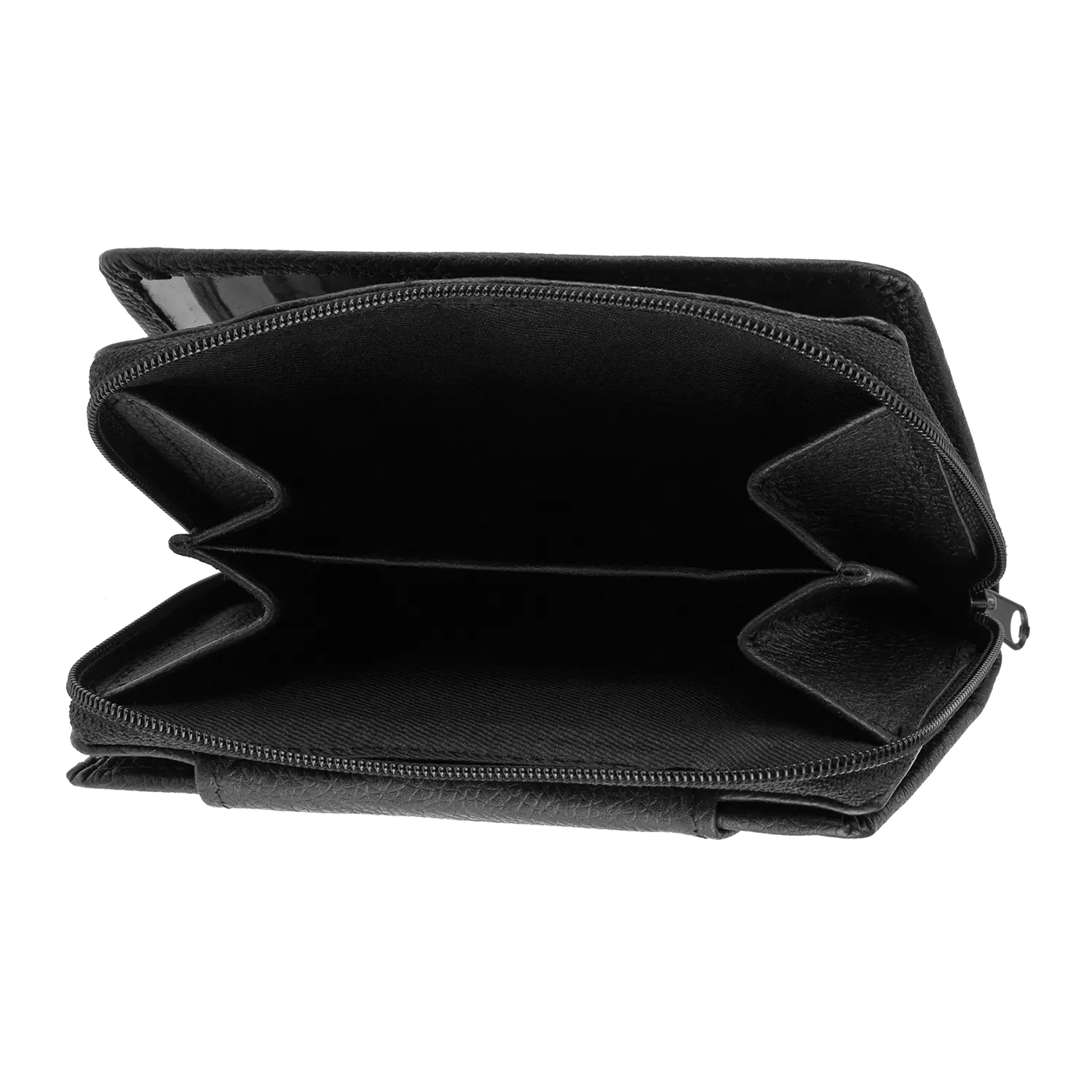Offener schwarzer Geldbeutel ABTWIL mit zwei Hauptfächern, einem Reißverschlussfach und einem praktischen Münzfach auf weißem Hintergrund.