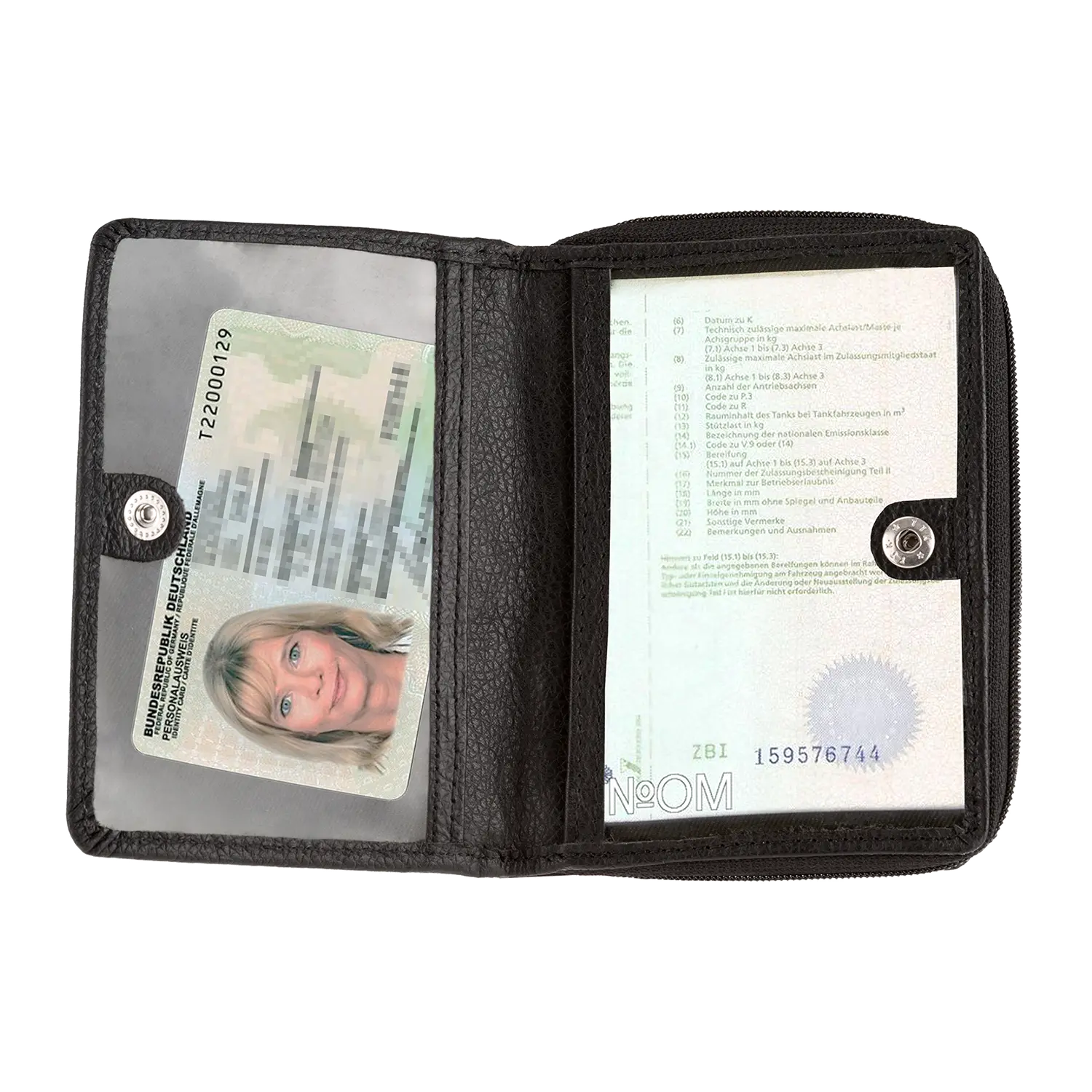 Der Geldbeutel ABTWIL in Schwarz zeigt links ein Münzfach und einen Personalausweis mit Foto sowie rechts einen teilweise sichtbaren Reisepass, jeweils mit einzigartigem Text und Seriennummern.