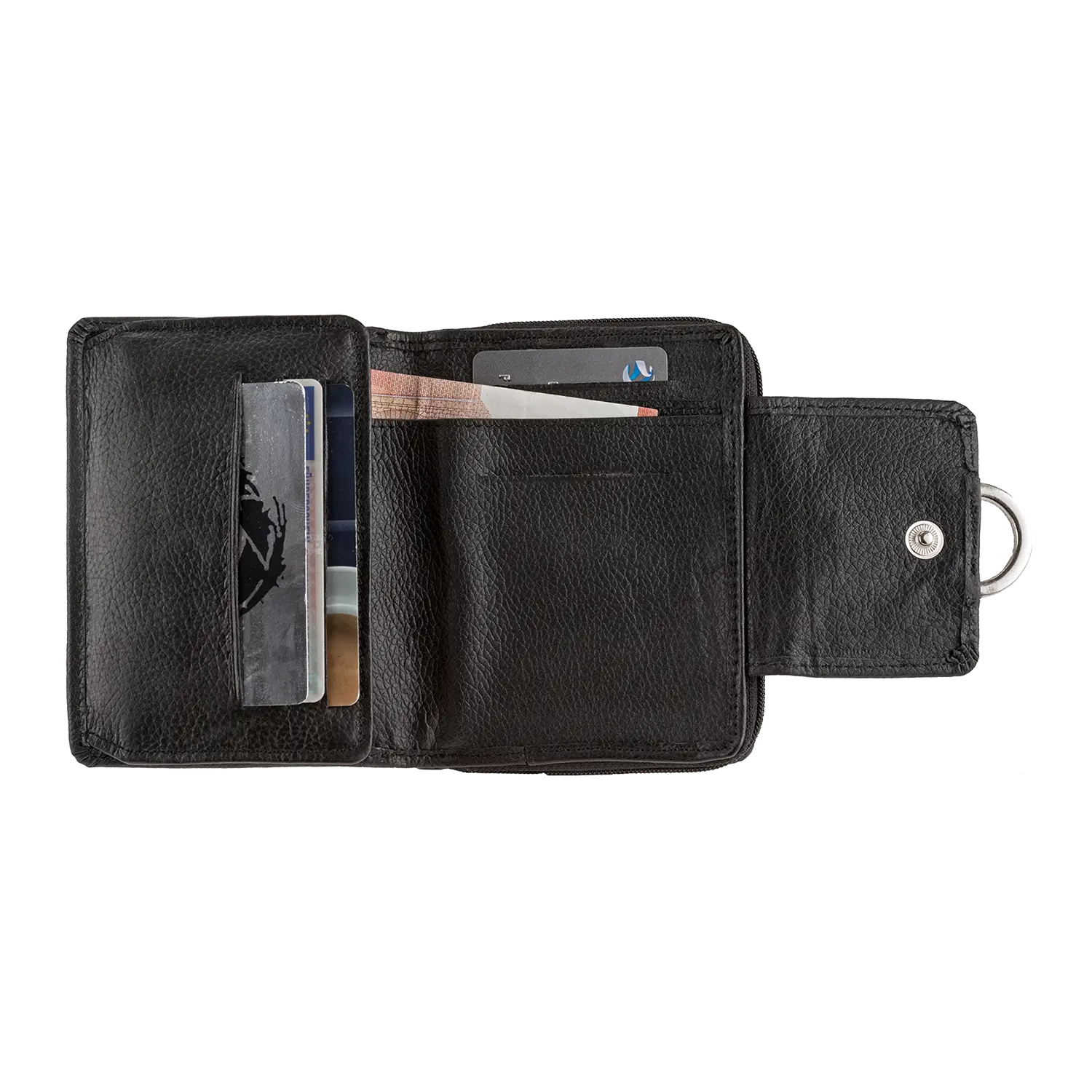 Der offene schwarze Leder-Geldbeutel ABTWIL bietet mehrere Fächer für Kreditkarten und einen sichtbaren Geldschein. Mit Druckknopfverschluss und seitlichem Metallring sichert er Ihre Wertgegenstände stilvoll.