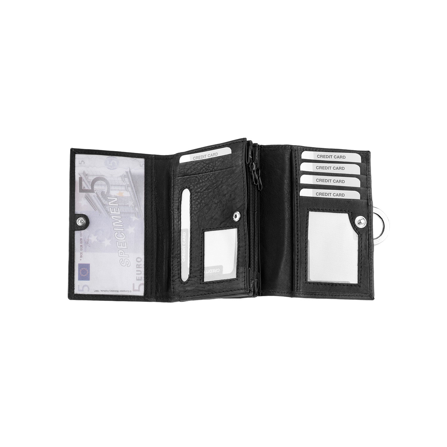 Offener schwarzer Geldbeutel BARGEN mit Kartenfächern, einem kleinen Reißverschlussfach, einem sichtbaren 5-Euro-Schein, transparenten Ausweisfächern und einer Schlüsselanhängerhalterung.