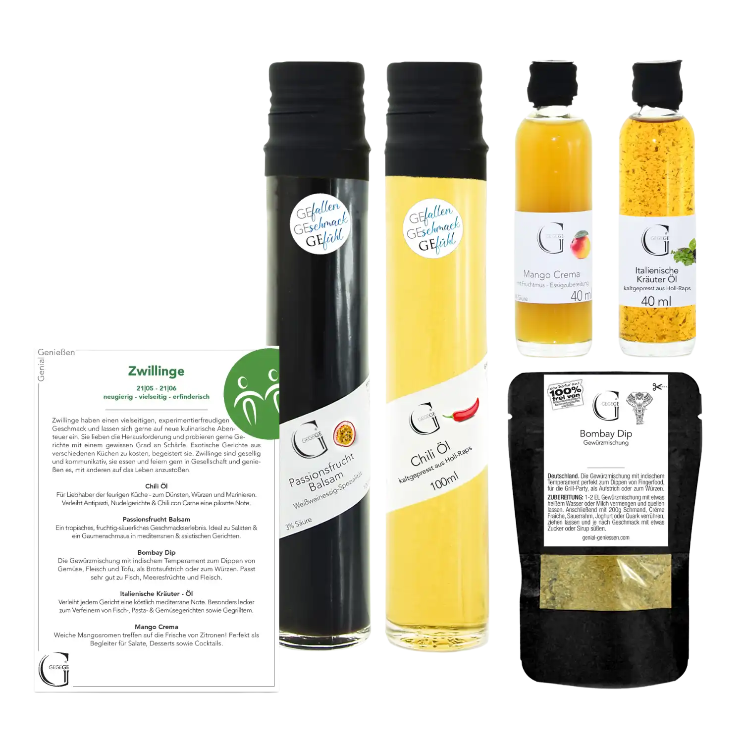 Das Sternzeichen-Set – Zwillinge ist ein Gourmet-Geschenkset mit zwei hohen Glasflaschen (dunkle und gelbe Flüssigkeit), einer kleinen Flasche mit orangefarbener Flüssigkeit, einer kleinen Flasche mit gelber Soße, einem Päckchen mit schwarzer Gewürzmischung und einer Produktbeschreibungskarte.