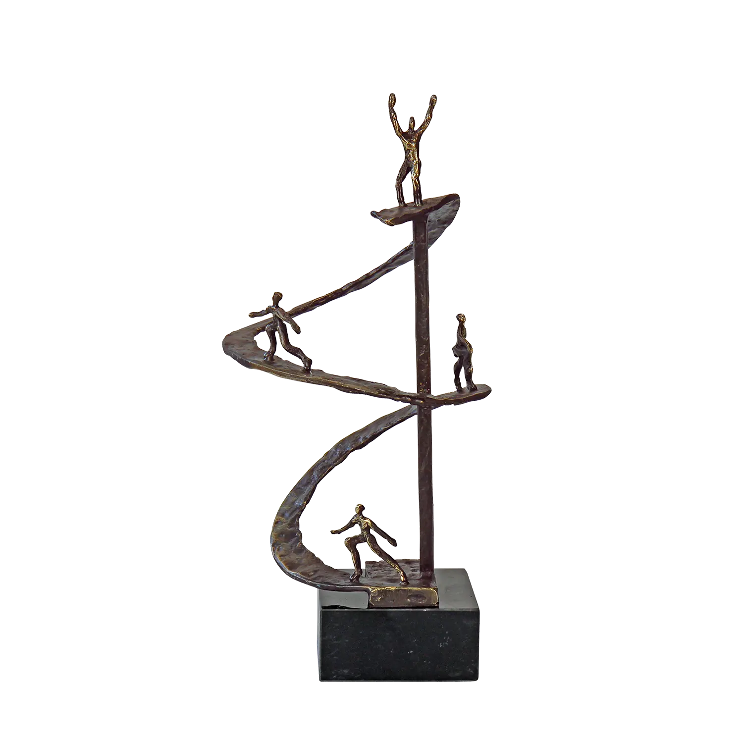 Die Skulptur "Erfolgsspirale" von Gerard steht majestätisch auf einem schwarzen Marmorsockel, der ihrem eleganten Design einen Hauch von Raffinesse verleiht. Die Form der Skulptur ist dynamisch und fließend, mit geschwungenen Linien, die sich spiralförmig nach oben ziehen. Diese Konturen spiegeln den mühsamen, aber lohnenden Aufstieg zum Erfolg wider.
Das Material aus hochwertigem, handpatiniertem Metallguss verleiht der Skulptur eine ansprechende Textur und Oberflächenstruktur.