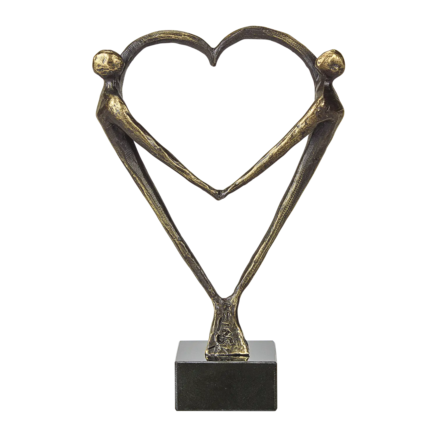 Die Skulptur "Mit Herz" von ars mundi zeigt zwei Figuren, die sich auf Marmor an den Händen halten.