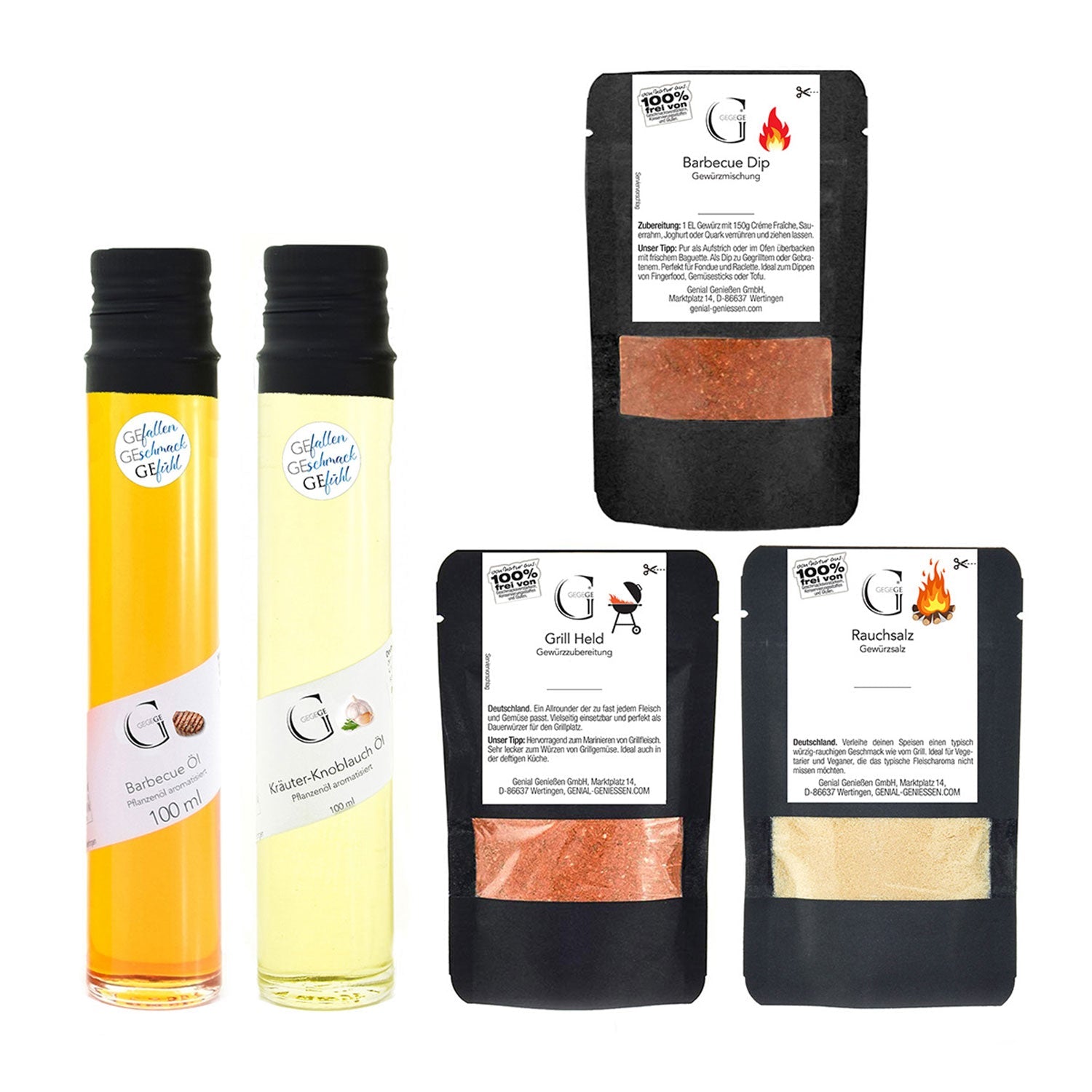 Das Bild zeigt das BBQ Abenteuer – Grill Geschenkset mit zwei transparenten Flaschen Barbecue Öl und vier Päckchen Grill Held Gewürze. Die Päckchen enthalten Rauchsalz und sind kreativ mit Grillmotiven beschriftet. Alles ist übersichtlich auf weißem Hintergrund angeordnet.