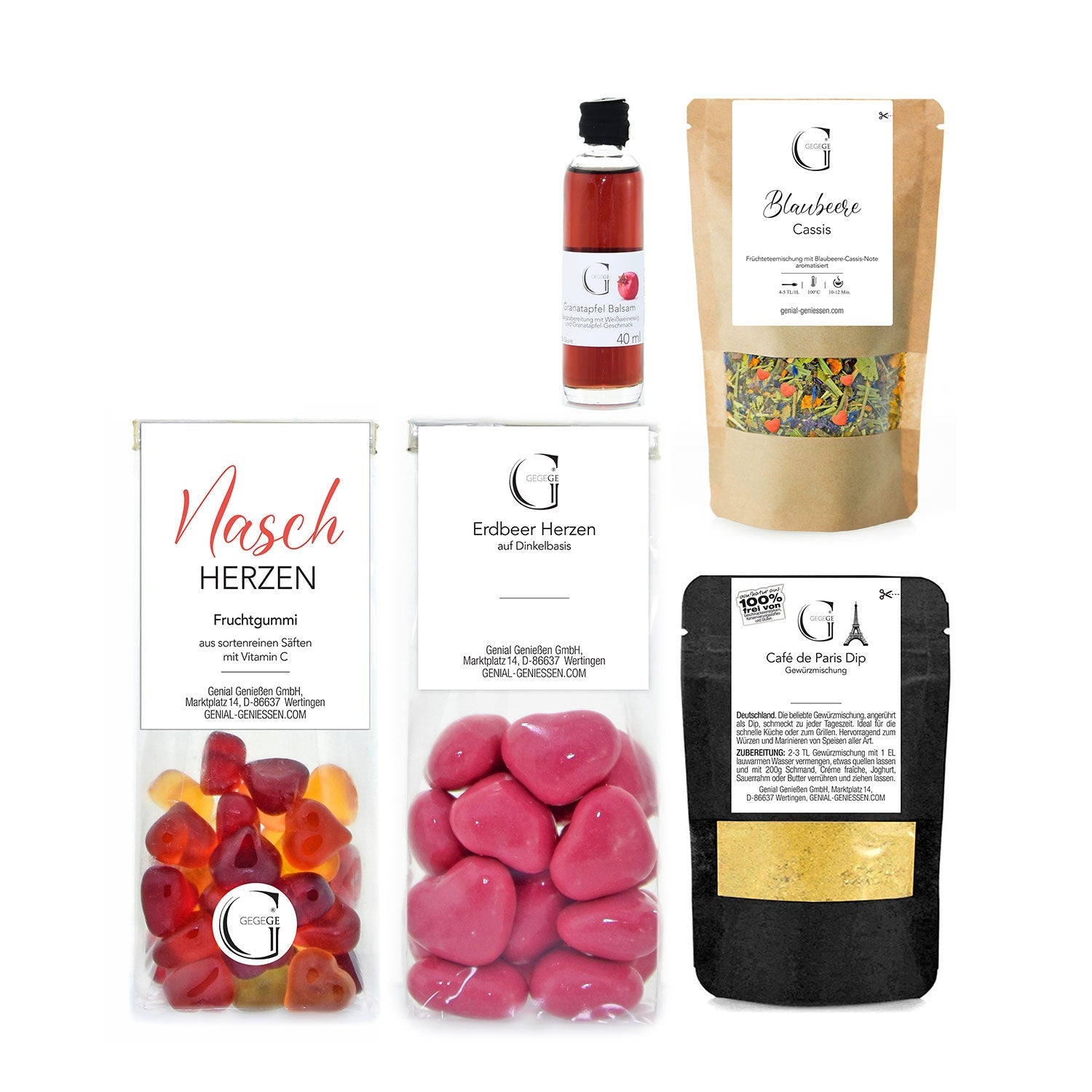 Entdecken Sie das Geschenkset „Schön, dass es dich gibt“, bestehend aus herzförmigen Gummibonbons in zwei Packungen, einer Granatapfel-Balsam-Sirupflasche und Café de Paris Dip Gewürz in eleganten Beuteln. Jeder Artikel ist wunderschön verpackt und mit dem Etikett der Marke versehen.