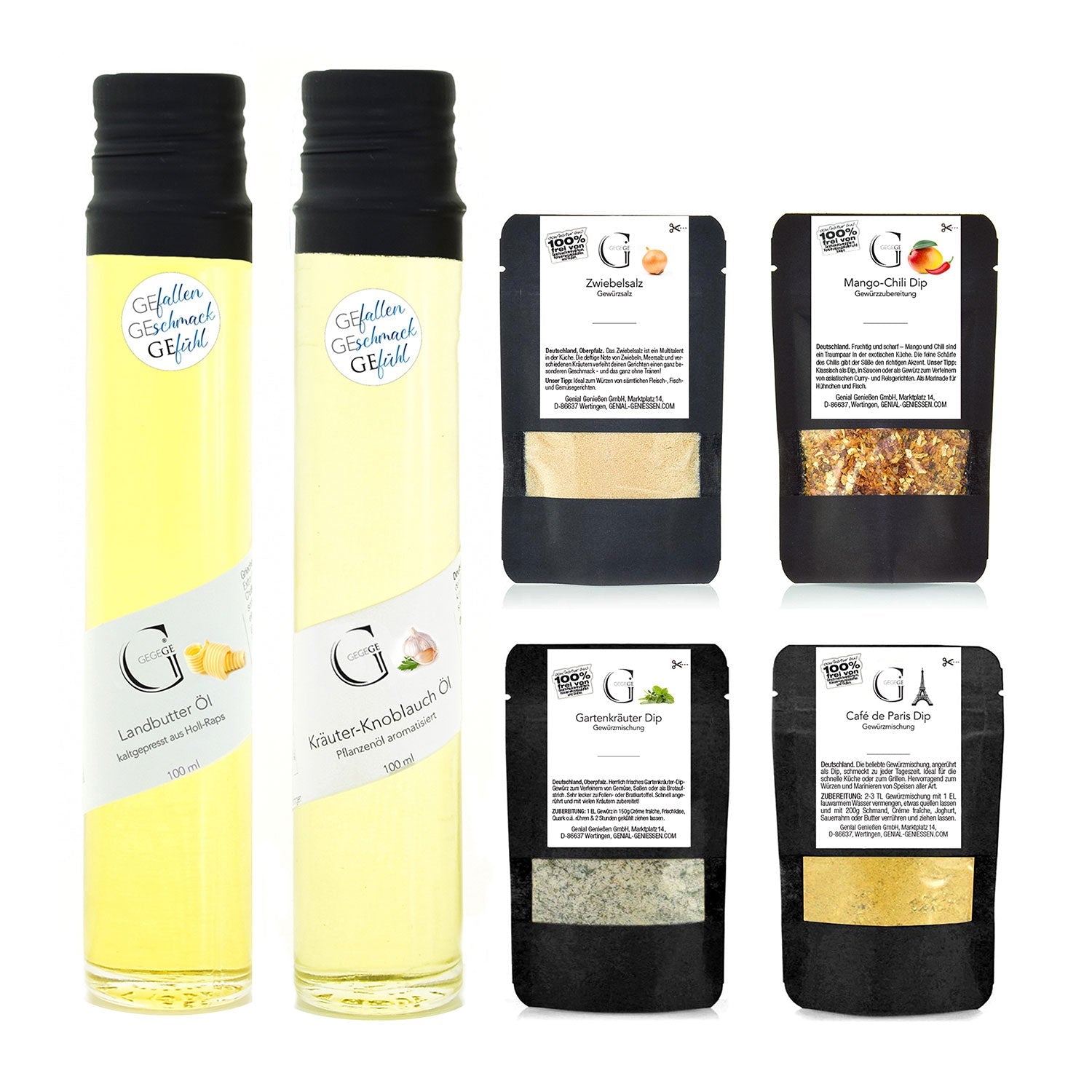 Das Raclette Genuss – Geschenkset enthält zwei Flaschen gelbe Aromaöle und vier Gewürzmischungen, wie Mango-Chili und Knoblauch-Zwiebel-Dip-Gewürz, alle elegant auf Deutsch beschriftet.