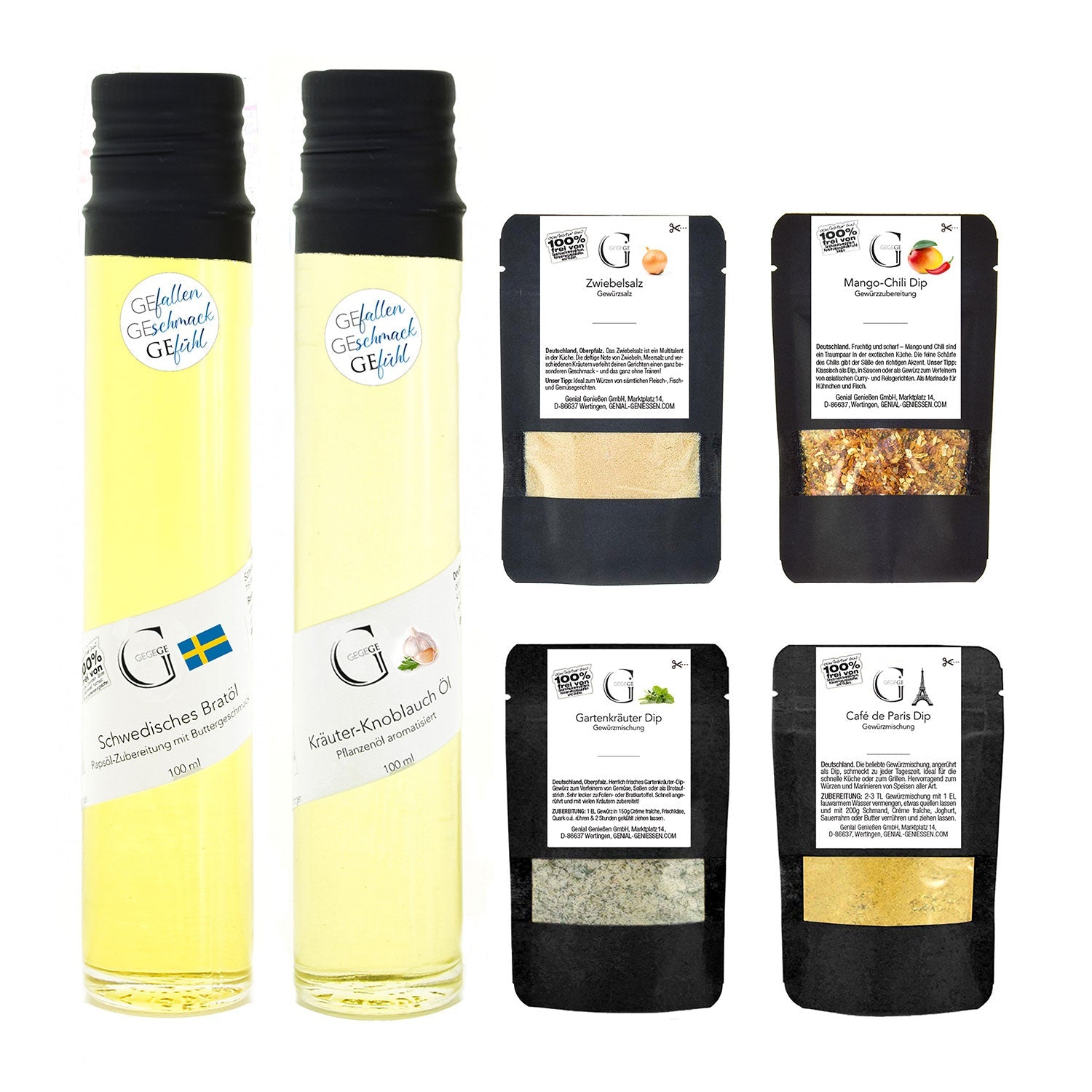 Das Gaumenfreuden für aktive Rentner – Geschenkset beinhaltet zwei Flaschen aromatisches Kräuter-Knoblauch Öl mit schwedischem Flaggenetikett und vier Gewürzpäckchen mit Mango-Chili-Dip-Gewürz und Café de Paris, alles übersichtlich arrangiert.