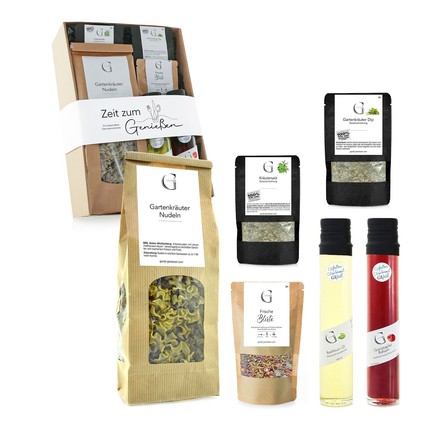 Das Zeit zum Genießen – Geschenkset enthält Kräuterpasta, eine köstliche Kräuter-Dip-Mischung, Gewürzmischung, eine wohltuende Teemischung und zwei aromatisierte Öle. Verpackt in umweltfreundlichen Naturtönen verspricht es ein unvergessliches Gaumenfreuden-Erlebnis.