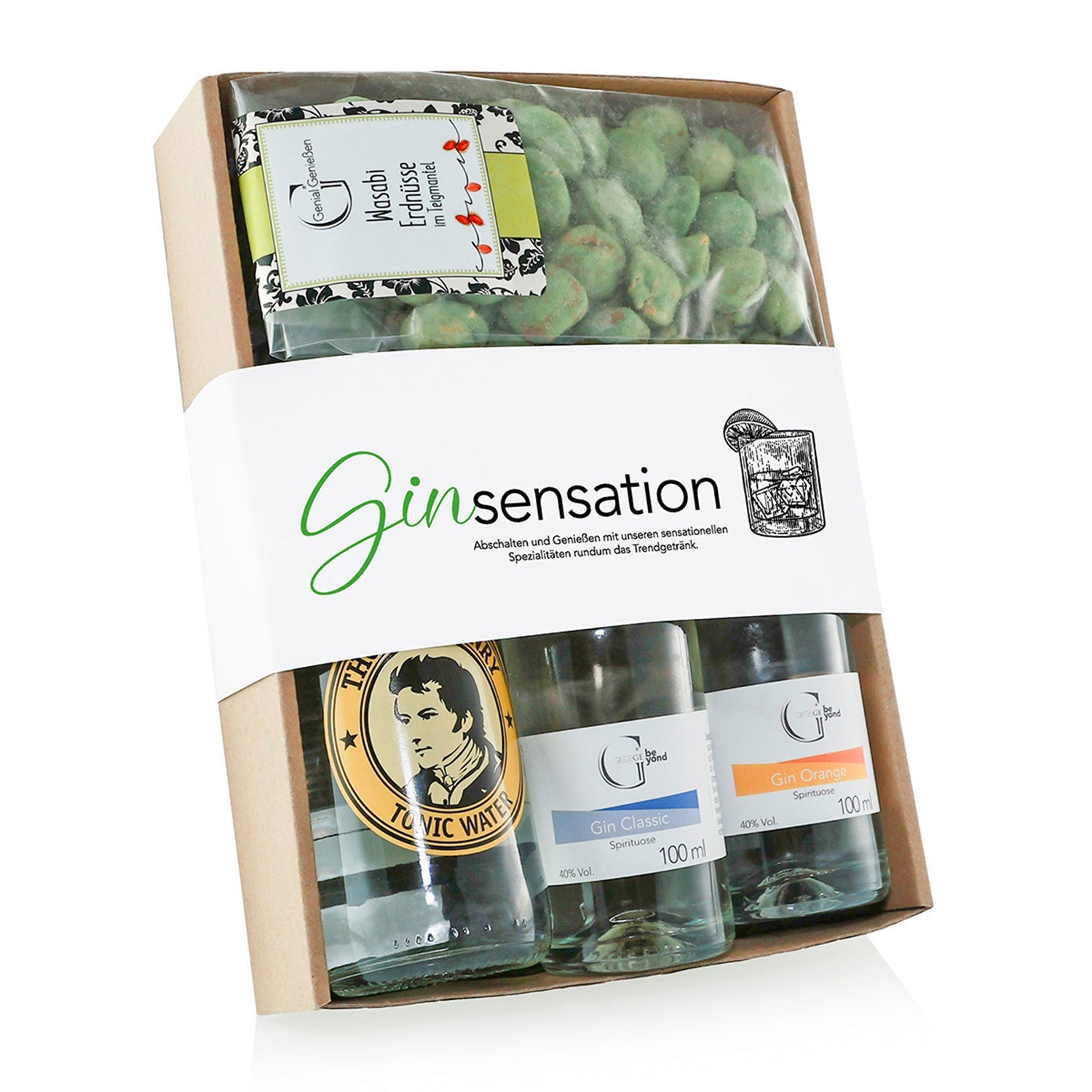 Wir präsentieren das „Gin Set Geschenk Ginsensation“: ein charmantes Geschenkset mit einer Premium-Gin-Flasche, zwei Tonic Waters und Wasabi-Erdnüssen, elegant präsentiert in einer transparenten Box. Ideal für Liebhaber des ultimativen Gin-Tonic-Erlebnisses.