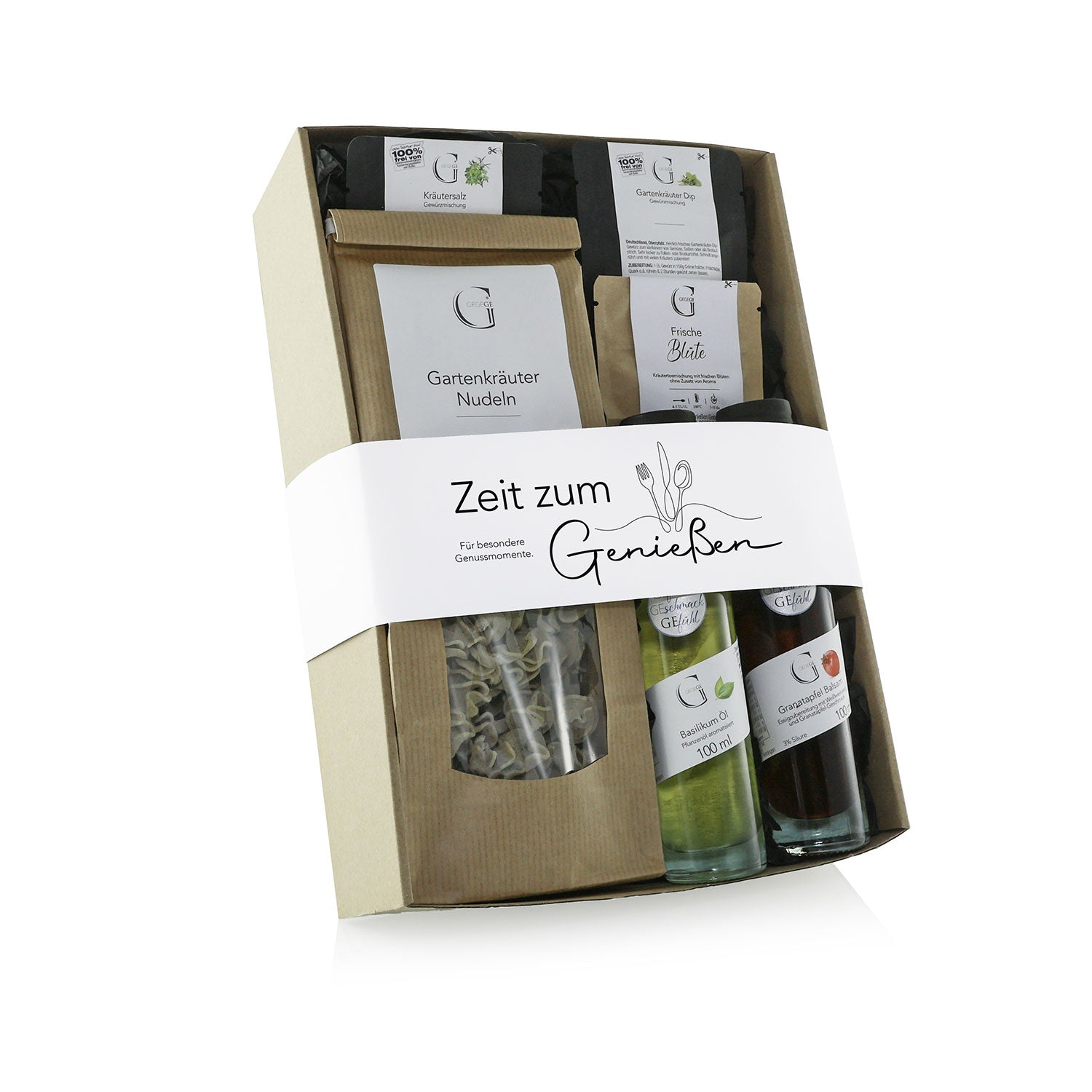 Das Zeit zum Genießen – Geschenkset enthält Gartenkräuternudeln, handgemachte Seife, Waffelröllchen, Olivenöl und Essig. Präsentiert in einer minimalistischen Verpackung mit weißem Band mit der Aufschrift „Zeit zum Genießen“ ist es der perfekte Genuss für jeden Anlass.
