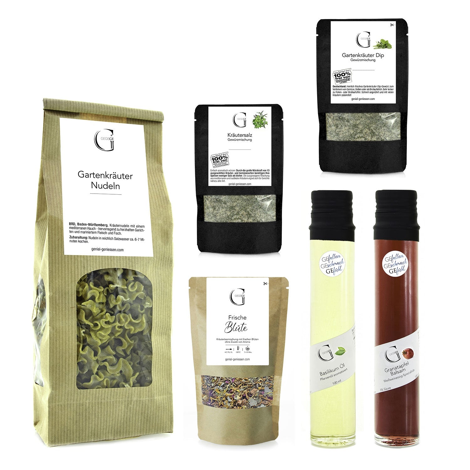 Das Zeit zum Genießen – Geschenkset bietet Gourmet-Köstlichkeiten wie Gartenkräuterpasta, Gewürzmischungen, getrocknete essbare Blüten, Basilikum und Tomatenessig. Jede Packung ist in verschiedenen Farben erhältlich und hat weiße Etiketten mit Details und einem „G“-Logo – perfekt für alle, die Gaumenfreuden suchen!.