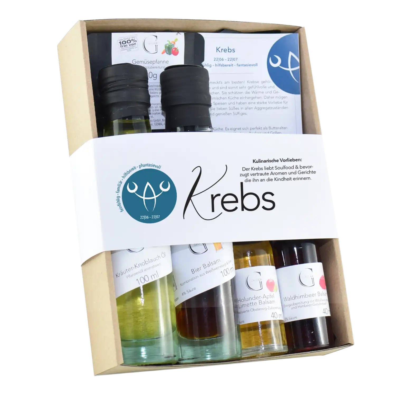 Das Sternzeichen-Set – Krebs enthält sorgfältig arrangierte Öle, Essig und Saucen in einer halbtransparenten Geschenkbox mit Info-Karten und Papierband – das ideale Soulfood-Geschenk für alle, die das Sternzeichen Krebs lieben.