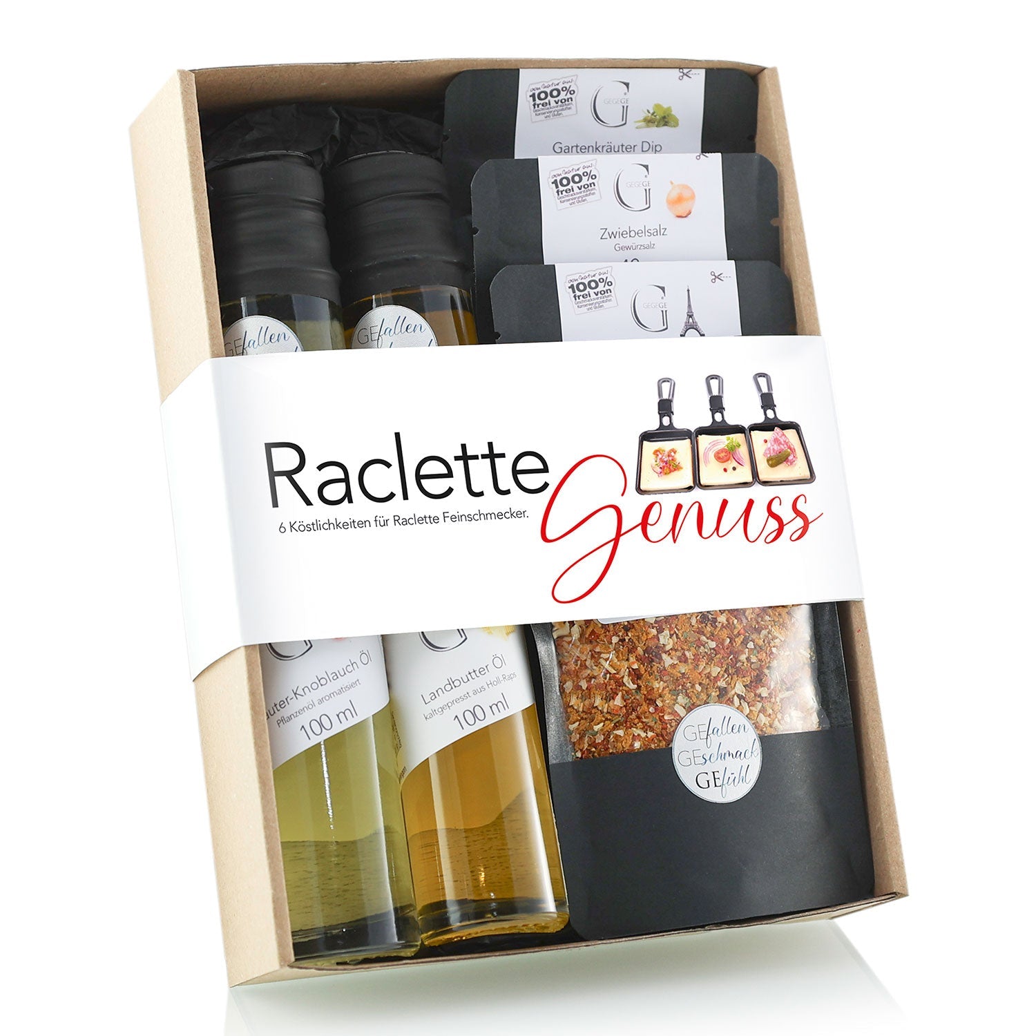 Das „Raclette Genuss – Geschenkset“ umfasst zwei Ölflaschen, drei Dip-Gewürzbeutel und einen Mixbehälter, alles präsentiert in einer Verpackung im Raclette-Stil mit deutschem Text für mehr Authentizität.