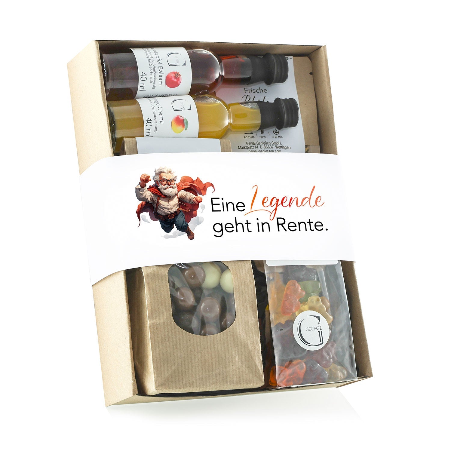 Das Geschenk zur Rente Mann ist ein wunderbares Geschenkset zum Ruhestand mit verschiedenen Flaschen, Schokoladendelfinen und Gummibärchen.