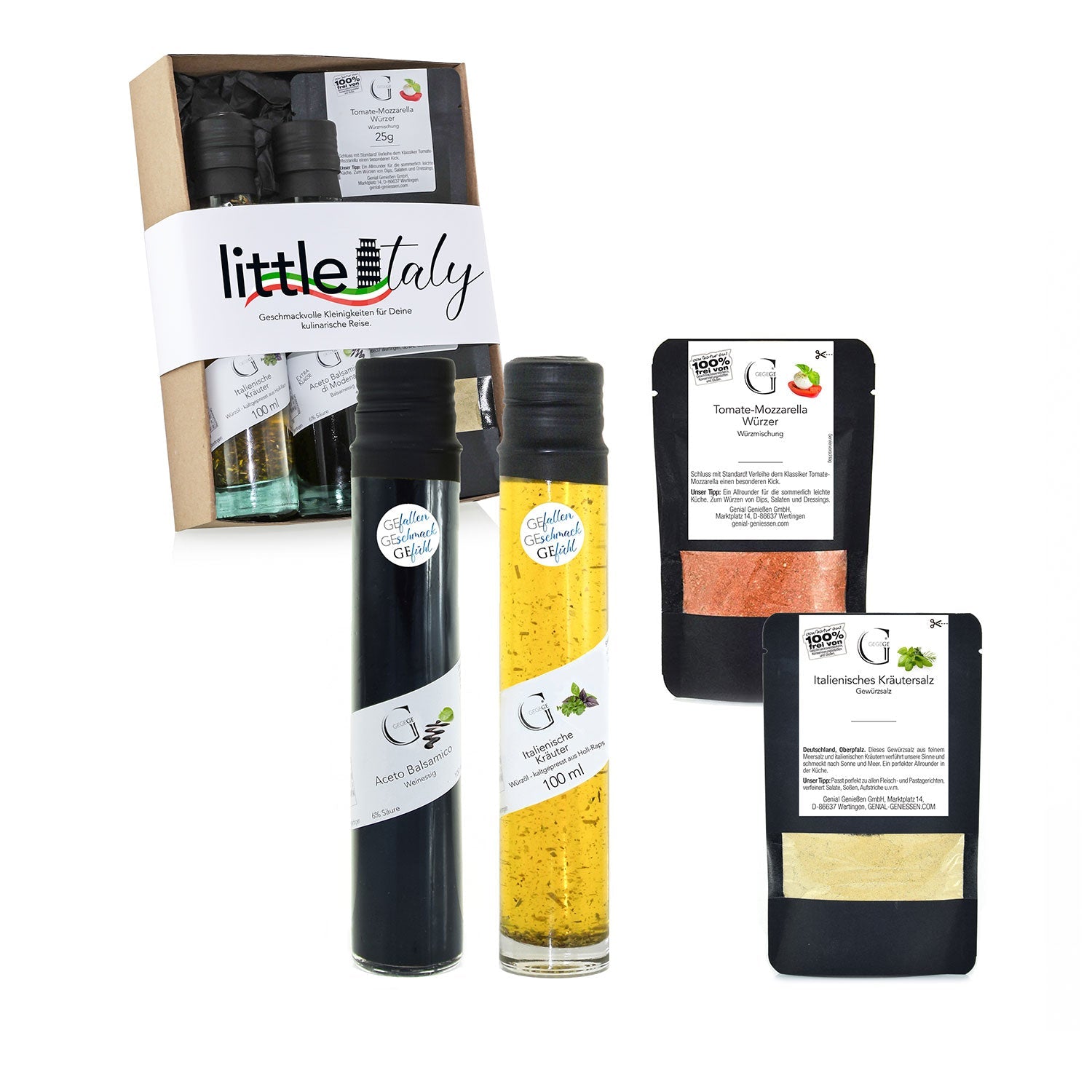 Das „Little Italy – Geschenkset“ beinhaltet Flaschen mit Aceto Balsamico di Modena-Creme und Kräuteröl sowie Beutel mit Tomaten-Mozzarella-Gewürz und italienischem Kräutersalz, alles elegant verpackt in einer Displaybox aus Karton.
