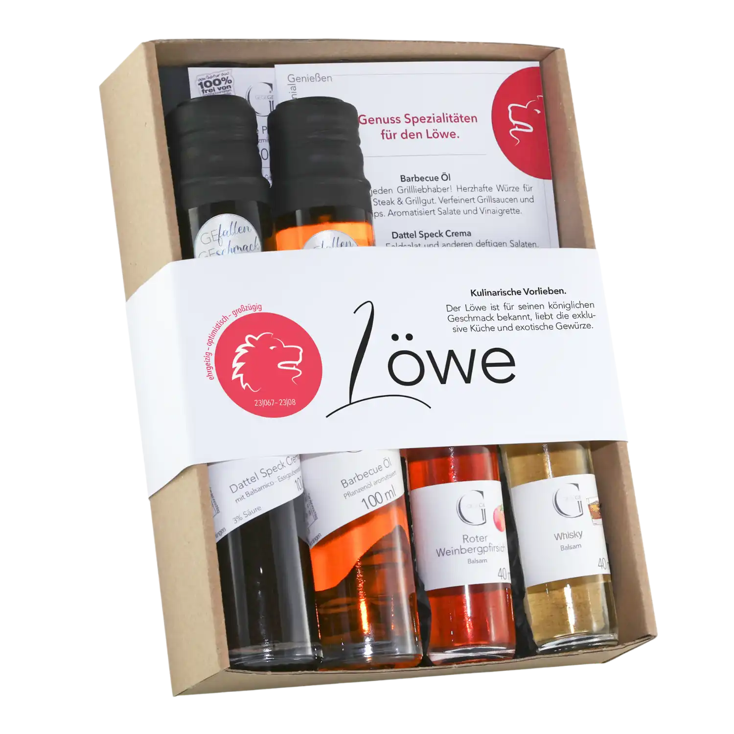 Das Sternzeichen-Set – Löwe ist ein Geschenkset mit fünf Gourmet-Ölen, Gewürzen und Saucen in Glasflaschen und Gläsern mit weiß-roten Etiketten, verpackt in einem Karton mit der Aufschrift „Löwe“.
