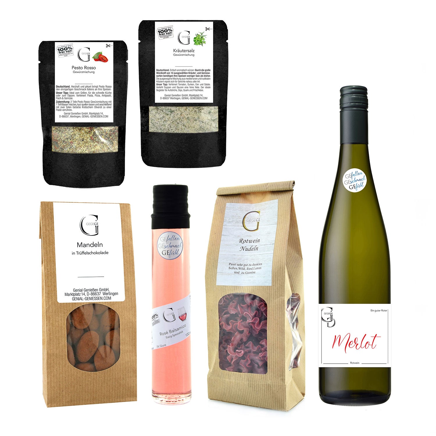 Entdecken Sie das „Herzlichen Glückwunsch M – Geschenkset mit Alkohol“, ein Gourmet-Geschenkset mit zwei schwarzen Gewürzbeuteln, einem braunen Mandelbeutel, rosa Himalaya-Salz, roten Nudeln und einer Flasche Merlot – eine perfekte Mischung für kulinarische Enthusiasten.
