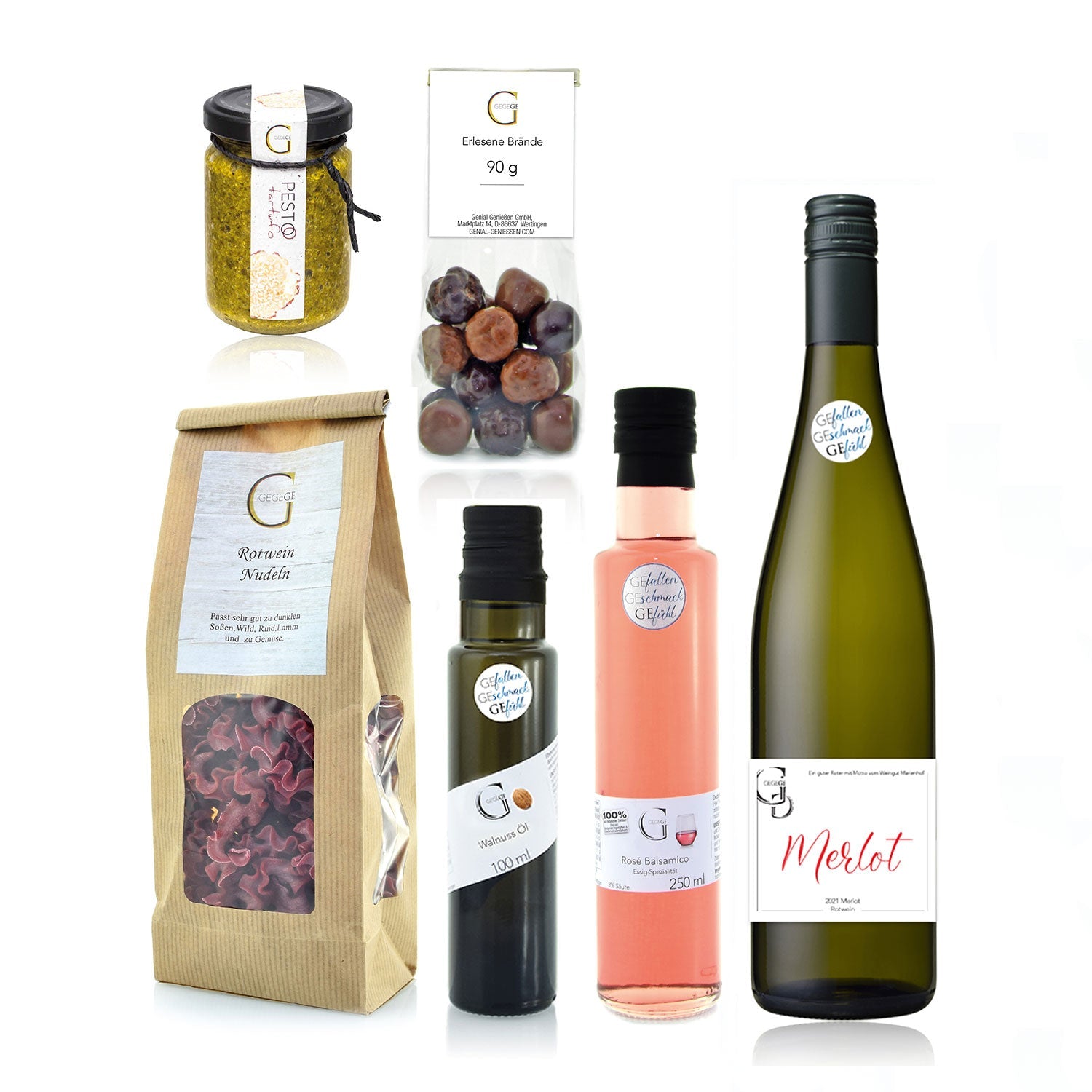 Das Weinabend-Geschenk umfasst Gourmet-Artikel, die sich perfekt als Geschenk für Weinliebhaber eignen: ein Glas Pesto, mit Schokolade überzogene Nüsse, Rosésauce, Trüffelöl, Roséwein und Merlot, optisch ansprechend präsentiert.