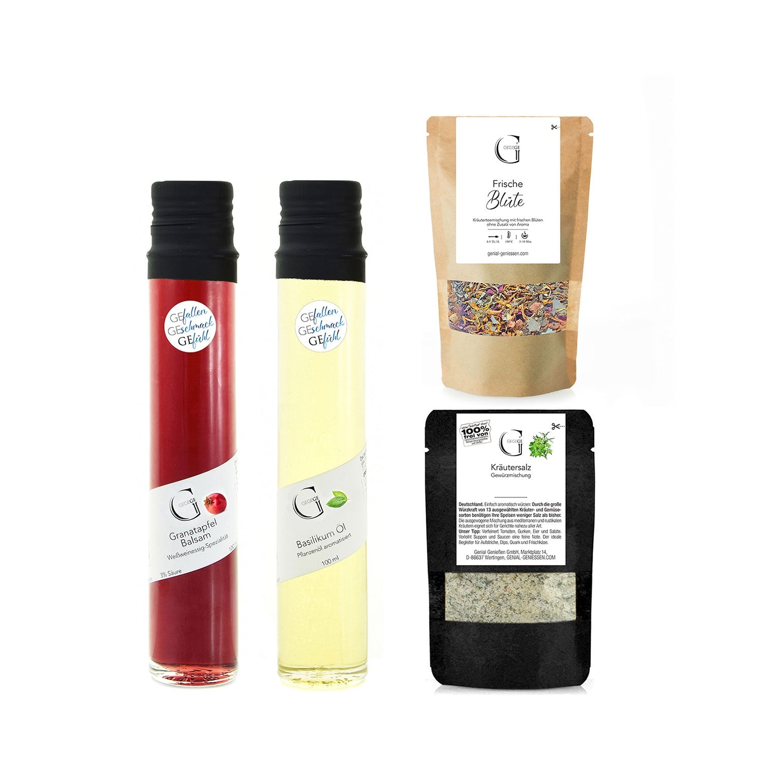 Das „Du bist die Beste – Geschenk-Set“ enthält eine köstliche Auswahl: Granatapfelbalsamico, Olivenöl, Kräutersalz und Mango-Joghurt-Tee. Fachmännisch beschriftet und auf weißem Hintergrund präsentiert, eignet es sich perfekt zum Verschenken von „Beste Freude“.