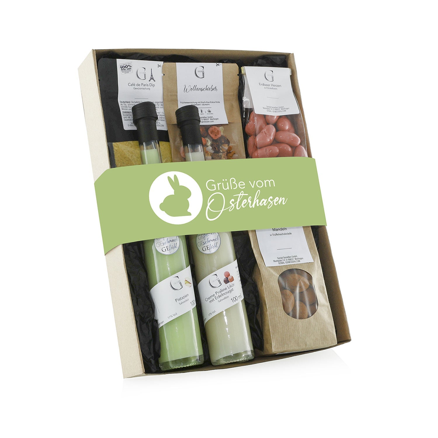 Entdecken Sie das Geschenkset „Grüße vom Osterhasen“, bestehend aus Gewürzen, vier Pistazien-Sahnelikör-Glasflaschen, weißen Schokoladenkugeln und Rezeptkarten. Elegant verpackt mit einem grünen Band mit der Aufschrift „Grüße vom Osterhasen“ ist es perfekt für jeden Anlass.