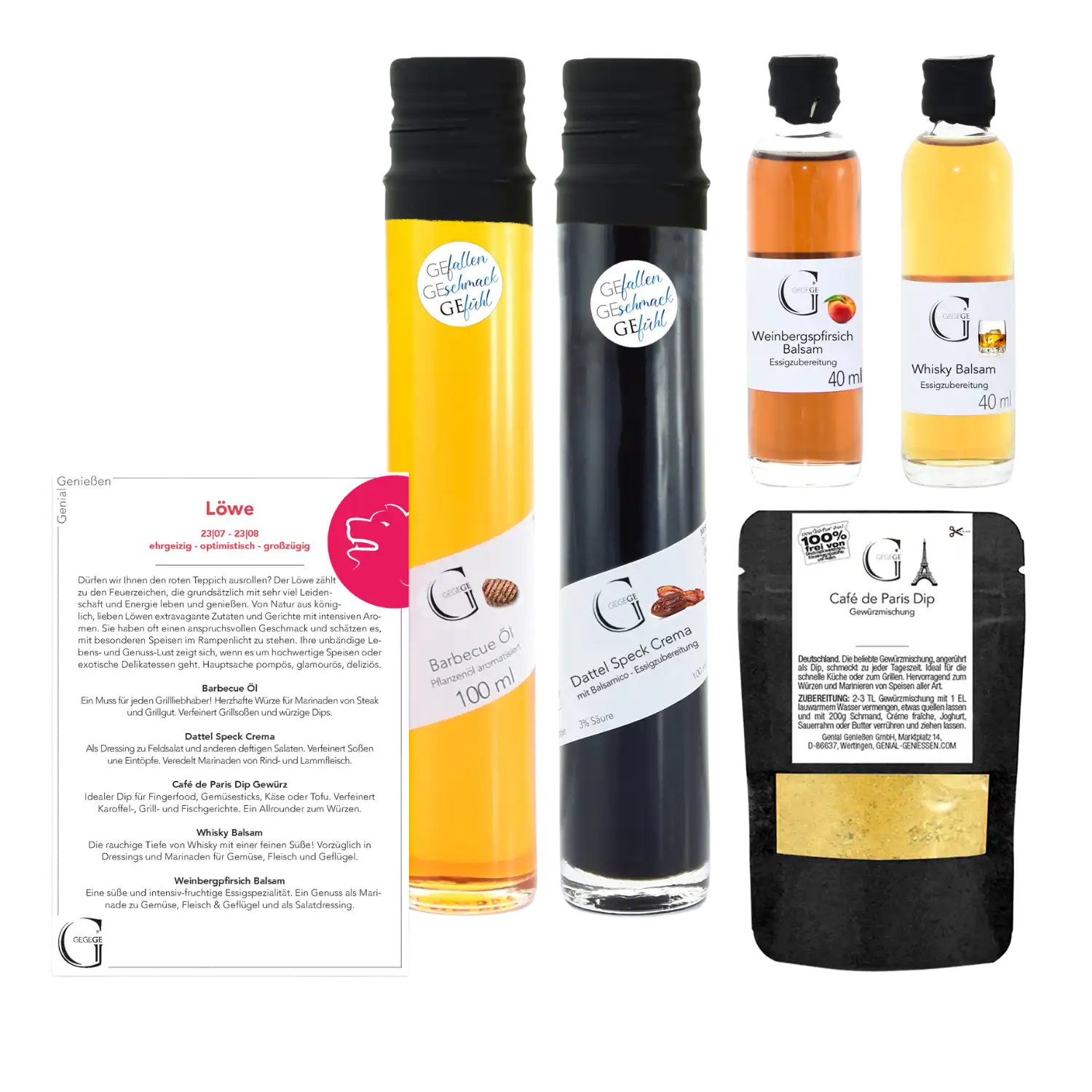 Das Sternzeichen-Set – Löwe besteht aus zwei hohen Flaschen Öl und Creme, zwei kleinen Balsamflaschen, einer Packung Café de Paris Dip und einer Infokarte mit einer Löwenillustration.