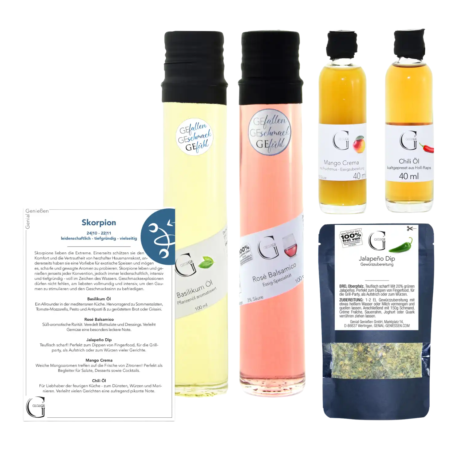 Das Sternzeichen-Set – Skorpion enthält zwei hochwertige Öle, Mango Crema, Chili Oil, Jalapeño Dip und eine Rezeptkarte – eine aufregende Auswahl exotischer Aromen für Skorpione.