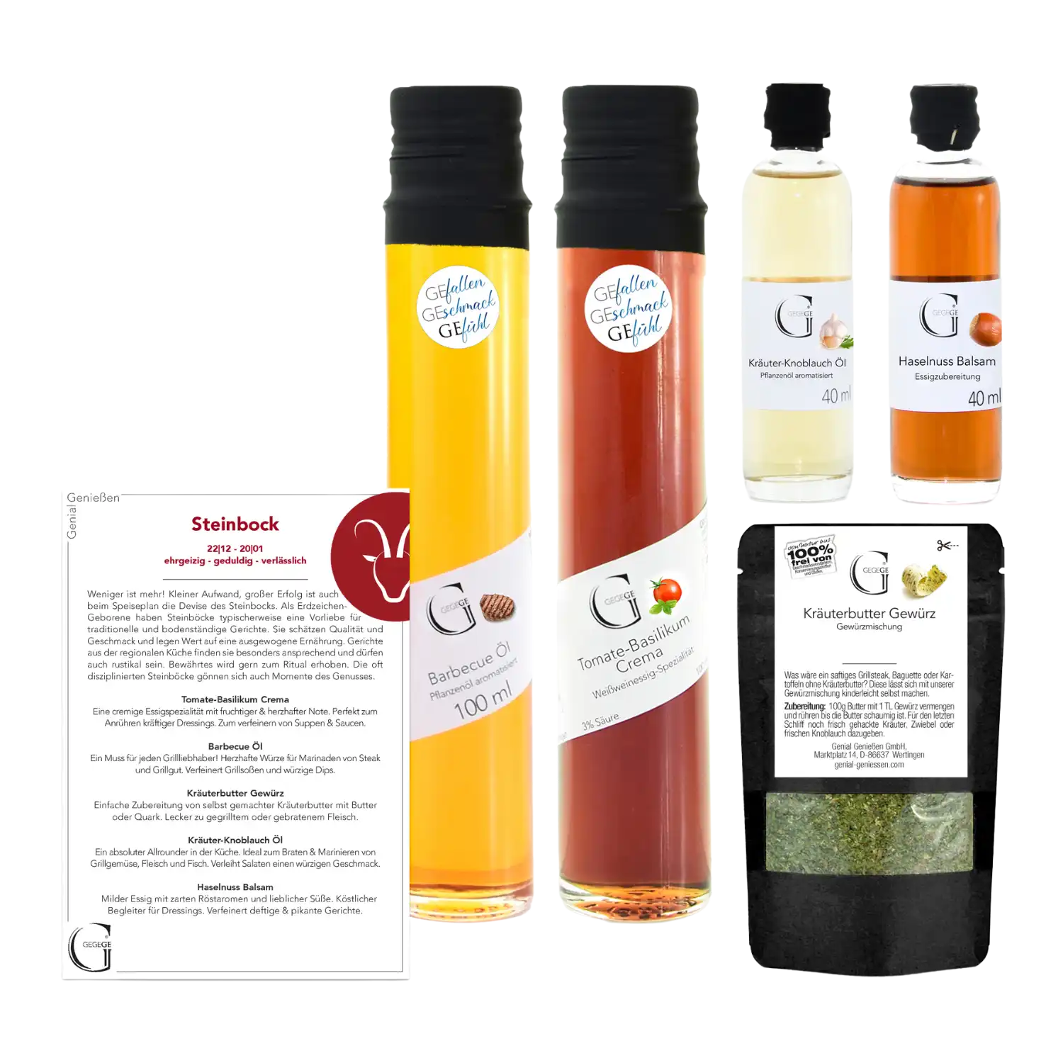 Das Sternzeichen-Set – Steinbock enthält zwei große Glasflaschen mit gelber und roter Flüssigkeit, zwei kleine Fläschchen, einen Kräutermix-Beutel und eine Rezeptkarte mit dem Sternzeichen Steinbock.