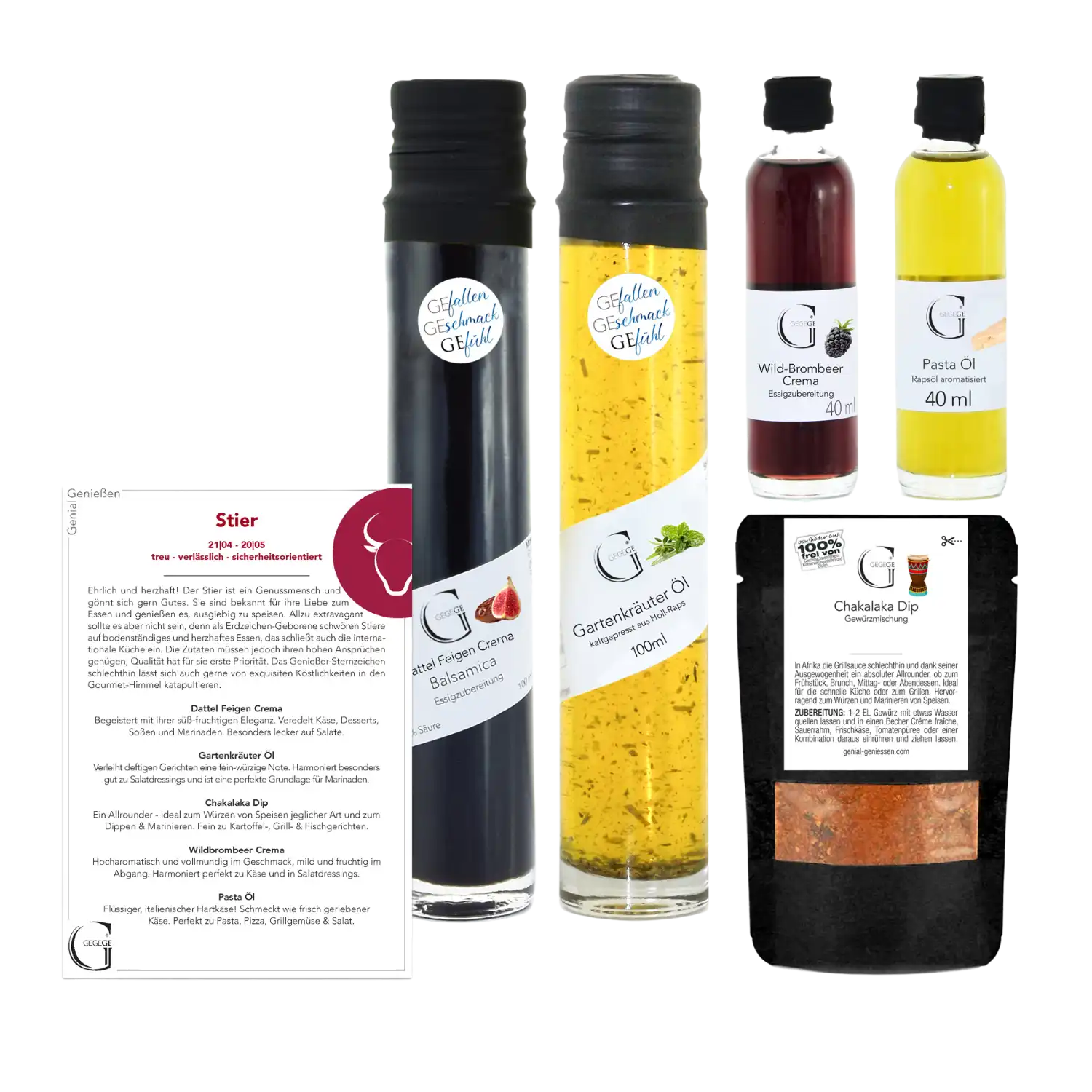 Das Sternzeichen-Set – Stier enthält Gourmet-Leckereien: zwei Fläschchen Balsamico-Kräuteröl, zwei Mini-Fläschchen Dressing und Öl, ein Päckchen Gewürzmischung und eine deutsche Rezeptkarte mit einer Red-Bull-Illustration.