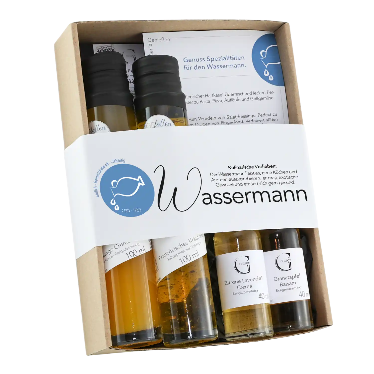 Entdecken Sie das Sternzeichen-Set – Wassermann: eine Geschenkbox mit drei Gourmet-Ölen und Balsamico, darunter Zitrone-Lavendel-Crema und Granatapfel-Balsam. Perfekt für Liebhaber exotischer Spezialitäten. Inklusive Infokarte zur Kulinarik-Marke.