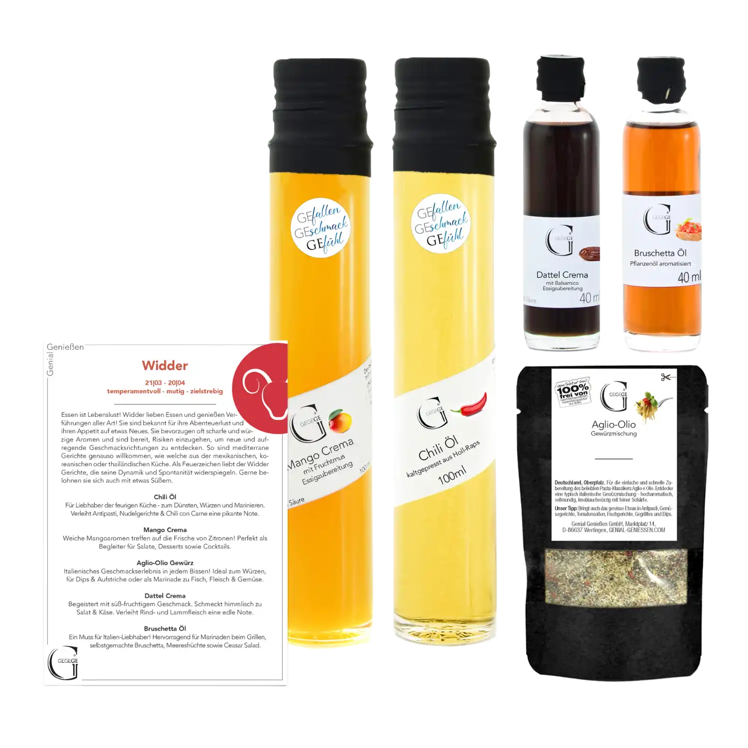 Das Sternzeichen-Set – Widder: Zwei große Flaschen Mango Creme, Chili Oil, zwei kleine Dattel Crema und Bruschetta Oil, ein Gewürzpäckchen sowie eine Rezeptkarte mit dem Sternzeichen Widder für kulinarische Entdeckungen.